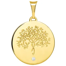 14k Solid Yellow Gold Hand Engraved Tree of Life CZ Round Medallion Pendant