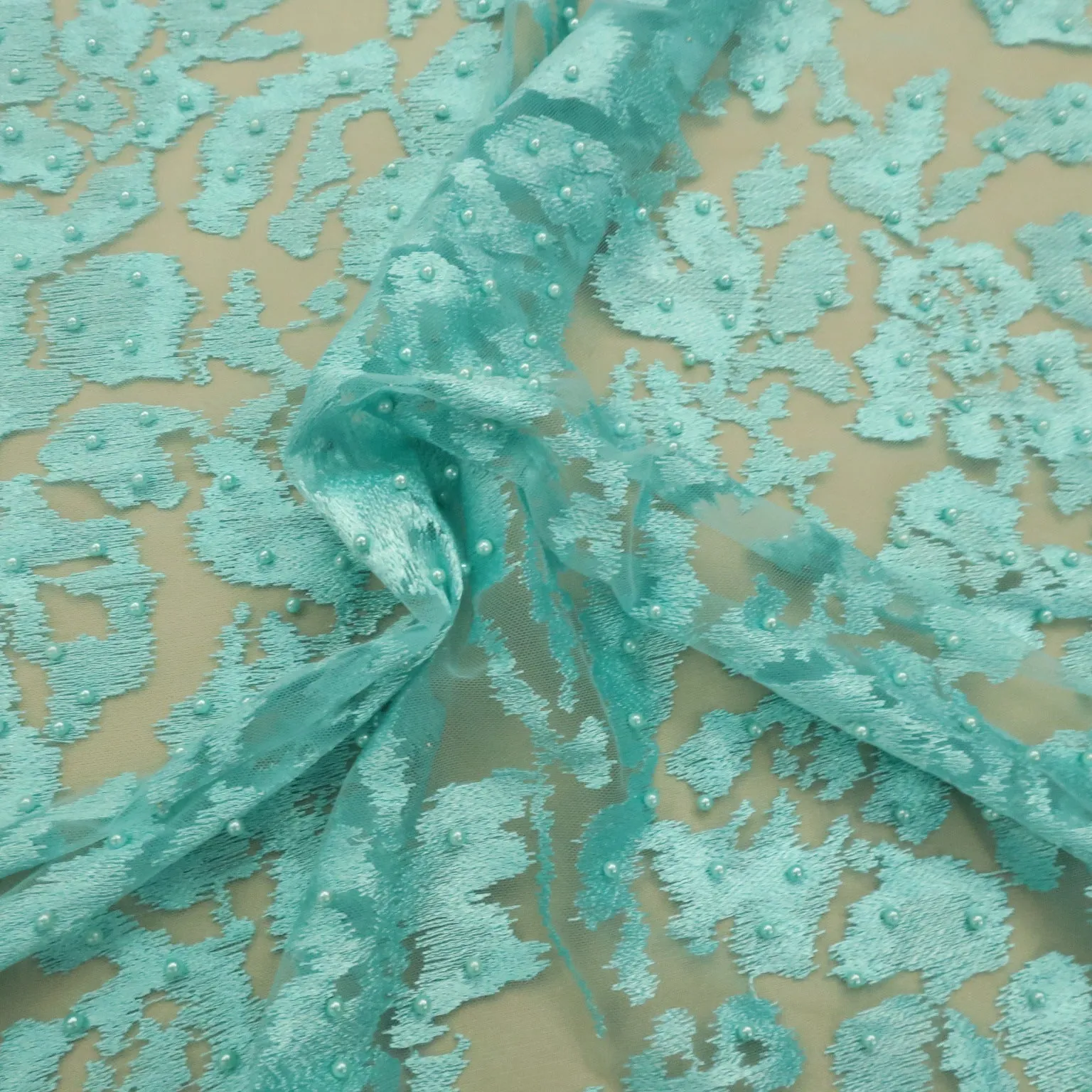 AquaTulle with Aqua Pearls Abstract Embroidered Tulle Fabric