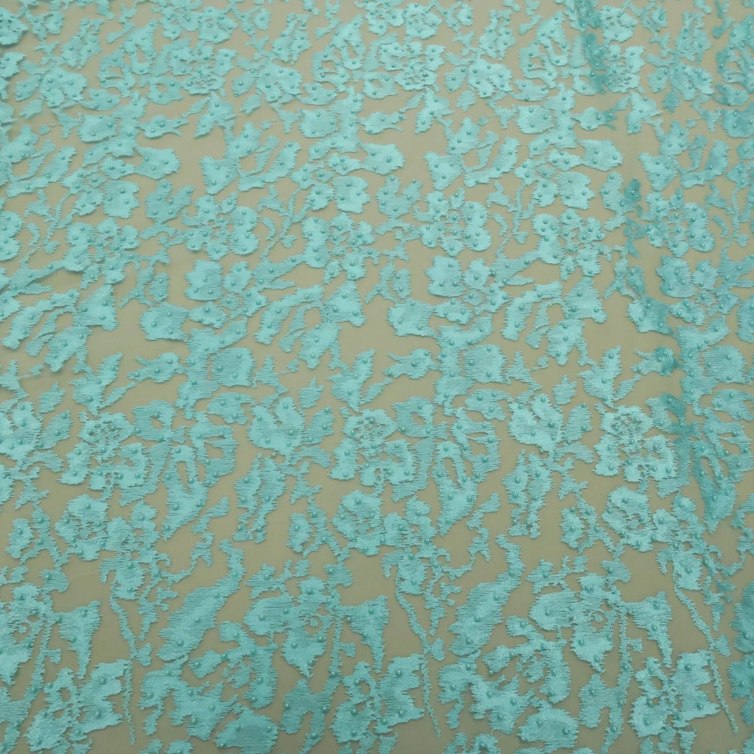 AquaTulle with Aqua Pearls Abstract Embroidered Tulle Fabric