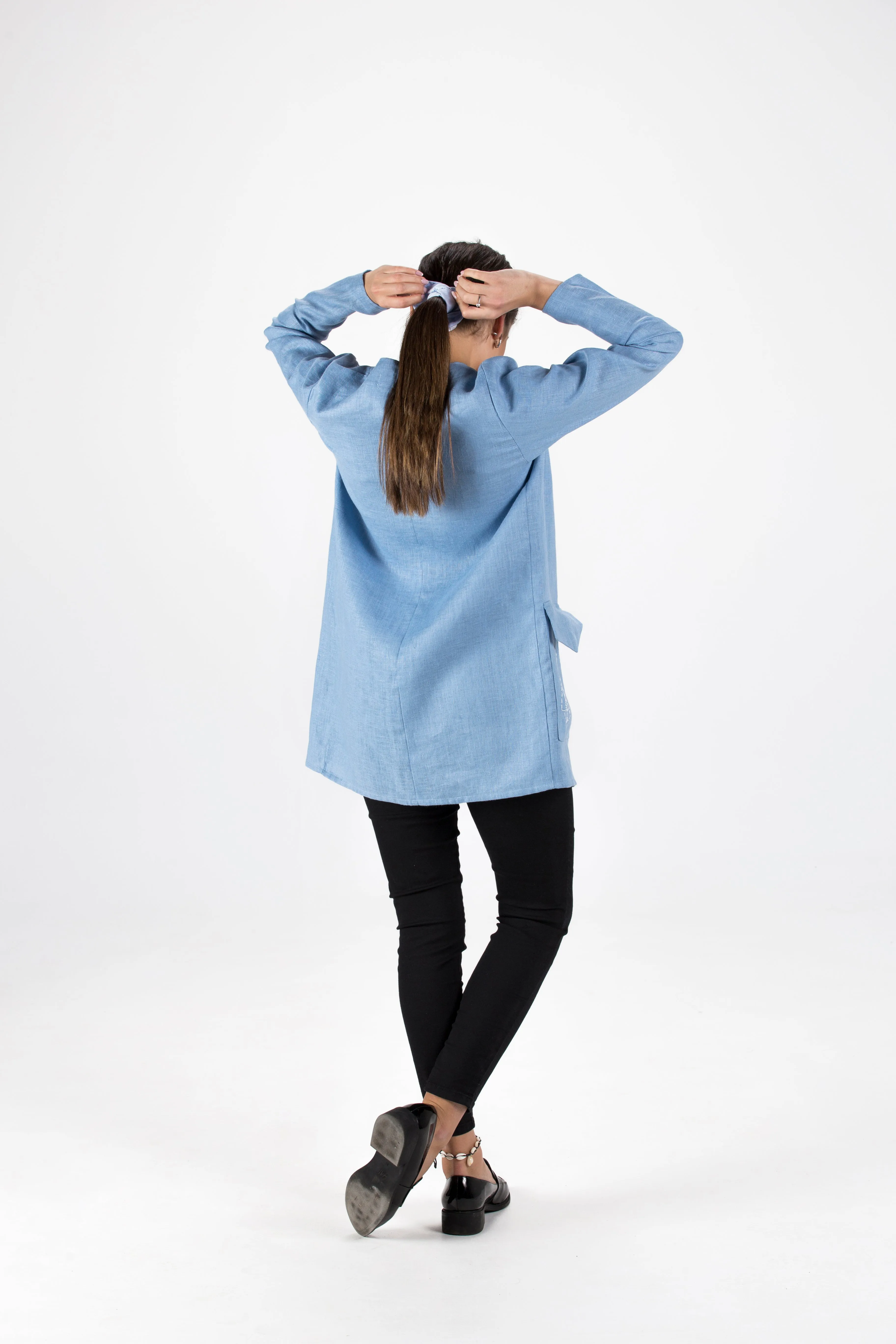 Azzuro Blue Linen Coat with Oversized Pocket and Sailboat Embroidery