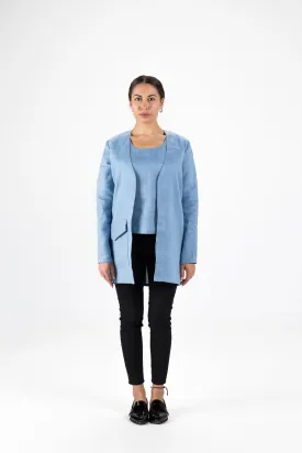 Azzuro Blue Linen Coat with Oversized Pocket and Sailboat Embroidery