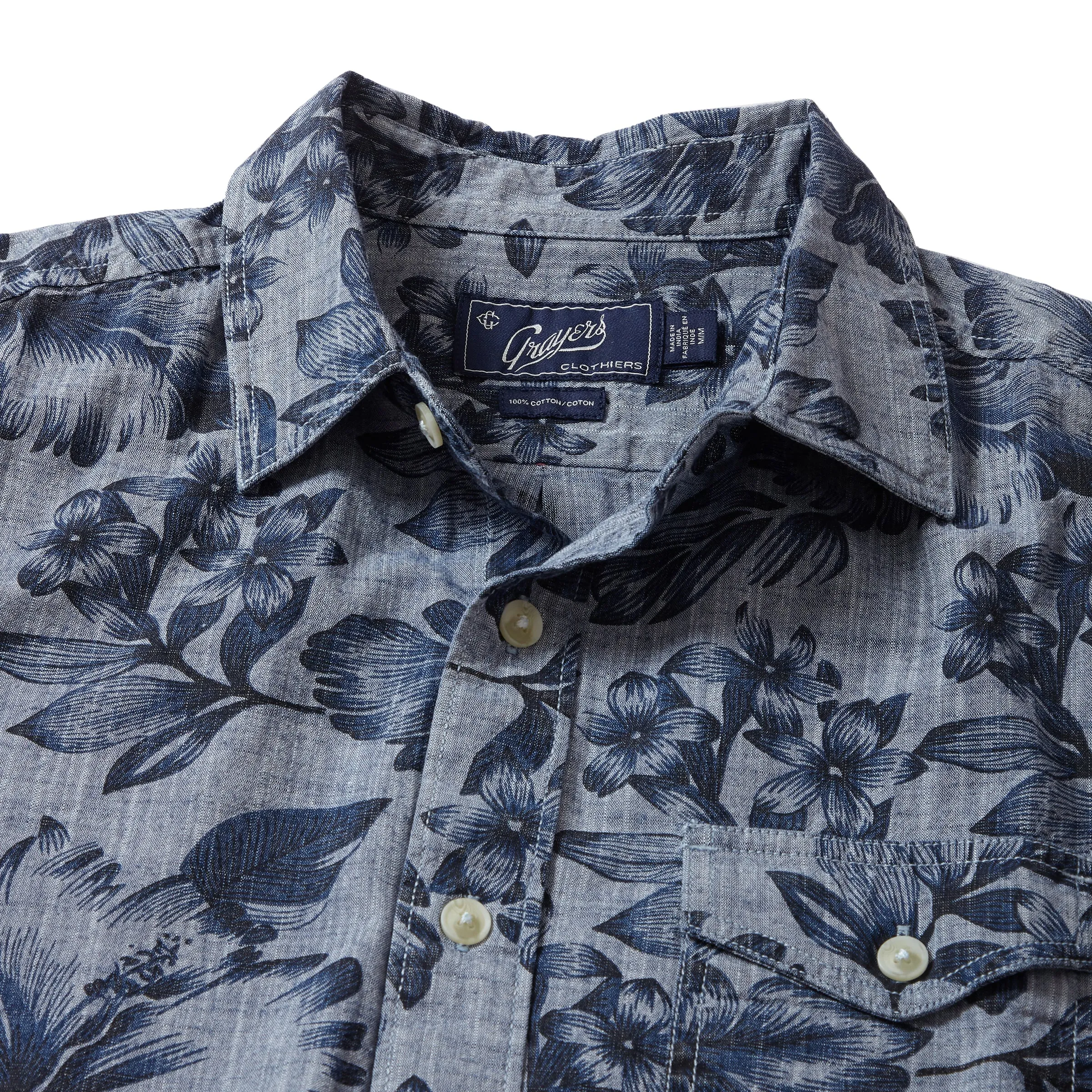 Blue Chambray Printed Floral Shirt - Dark Blue Floral