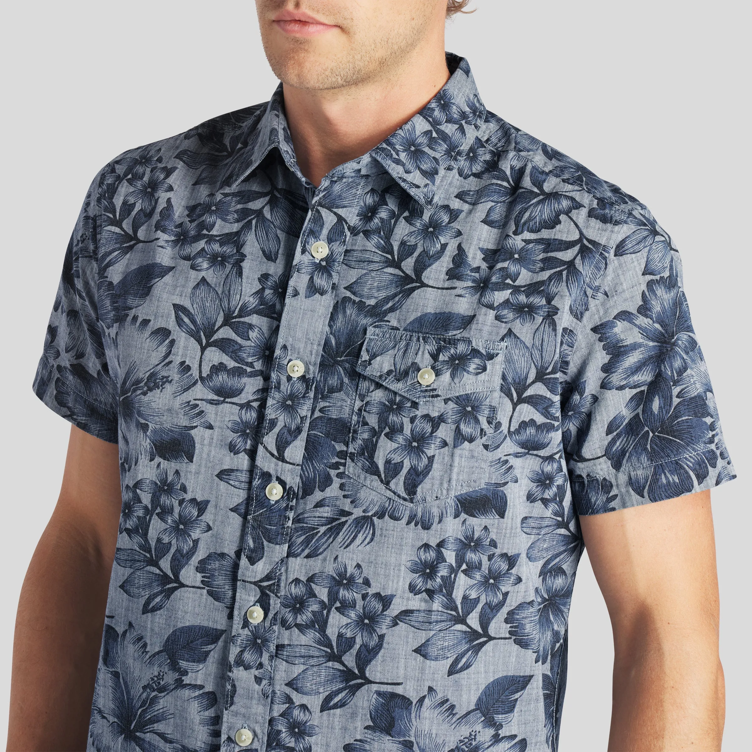 Blue Chambray Printed Floral Shirt - Dark Blue Floral