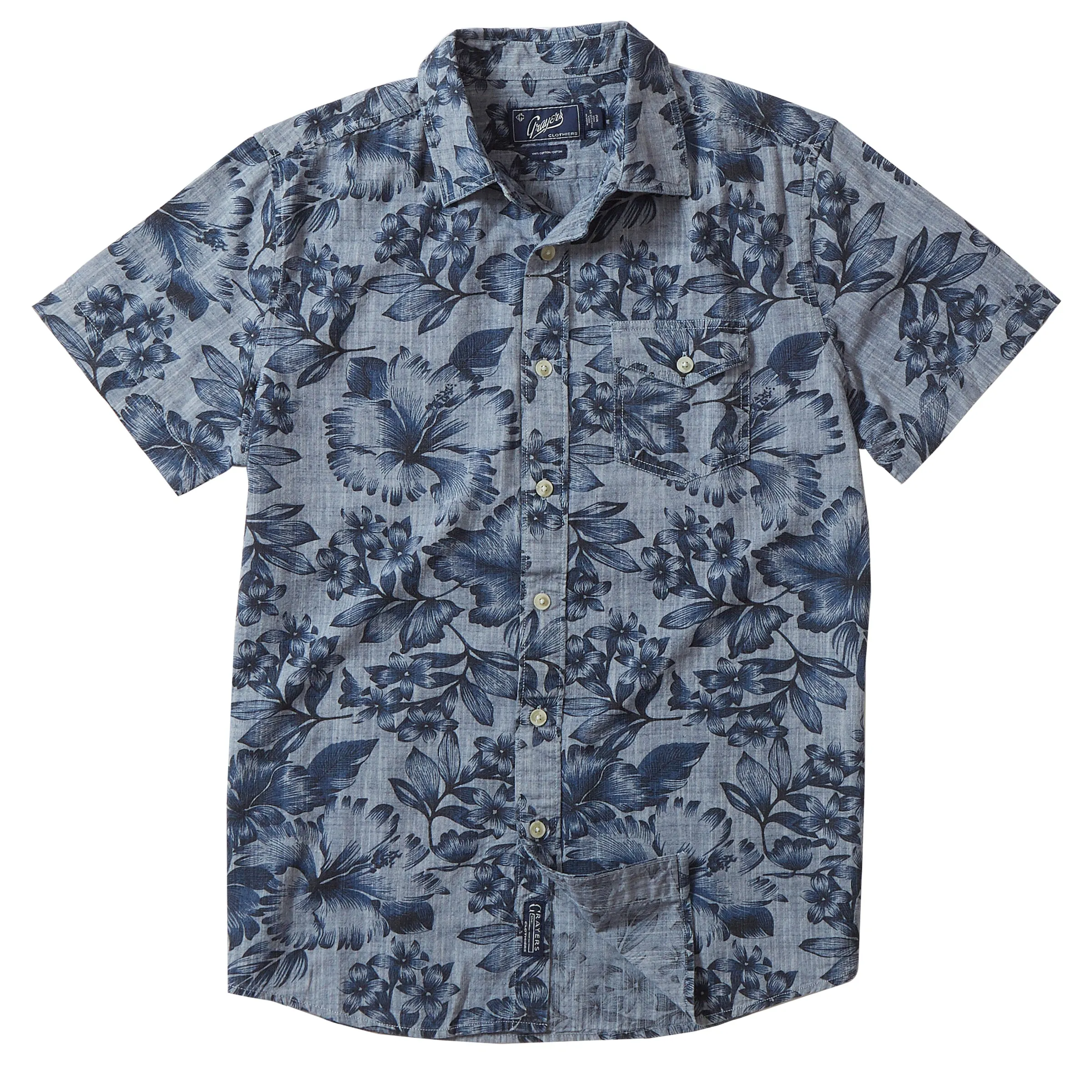 Blue Chambray Printed Floral Shirt - Dark Blue Floral