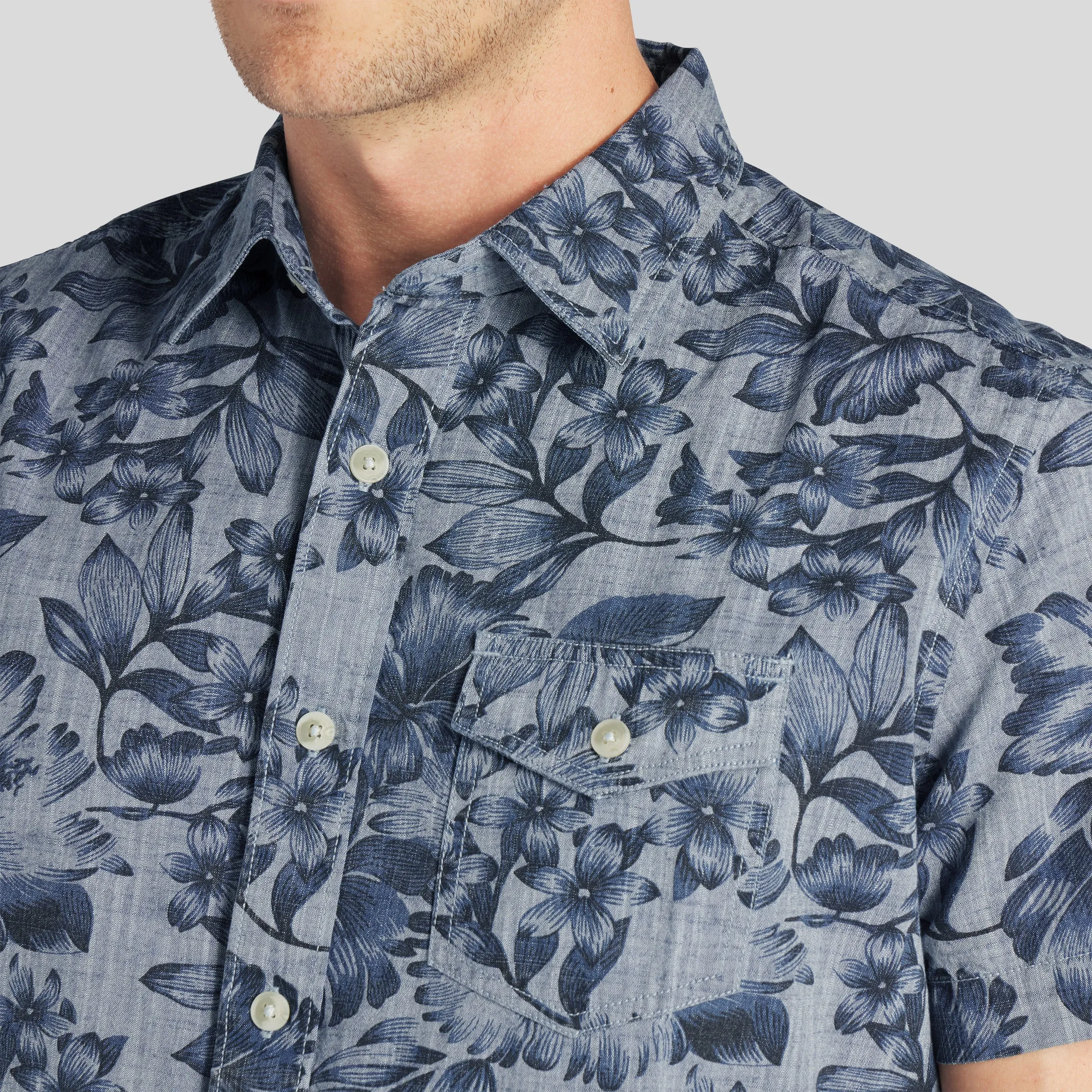 Blue Chambray Printed Floral Shirt - Dark Blue Floral