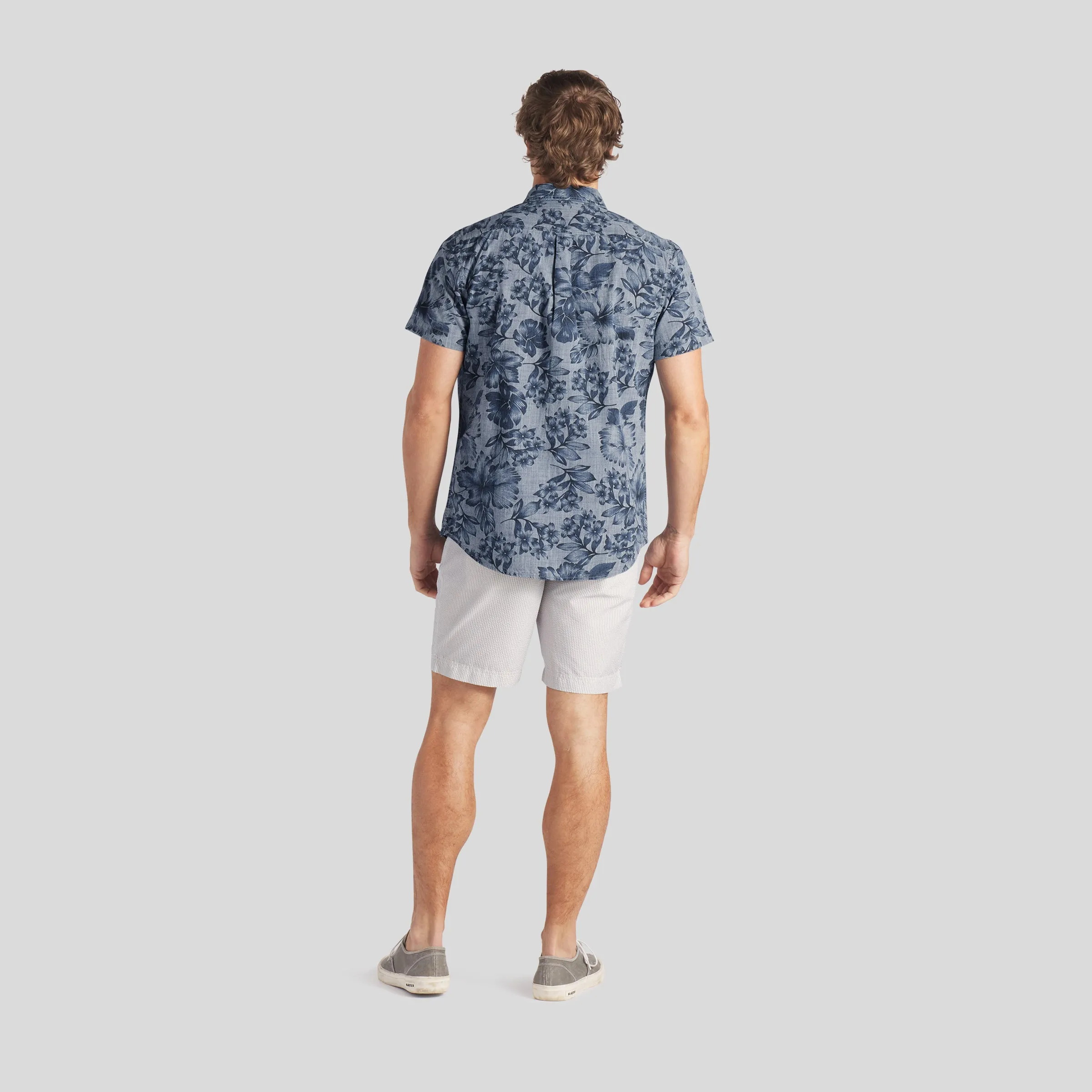 Blue Chambray Printed Floral Shirt - Dark Blue Floral