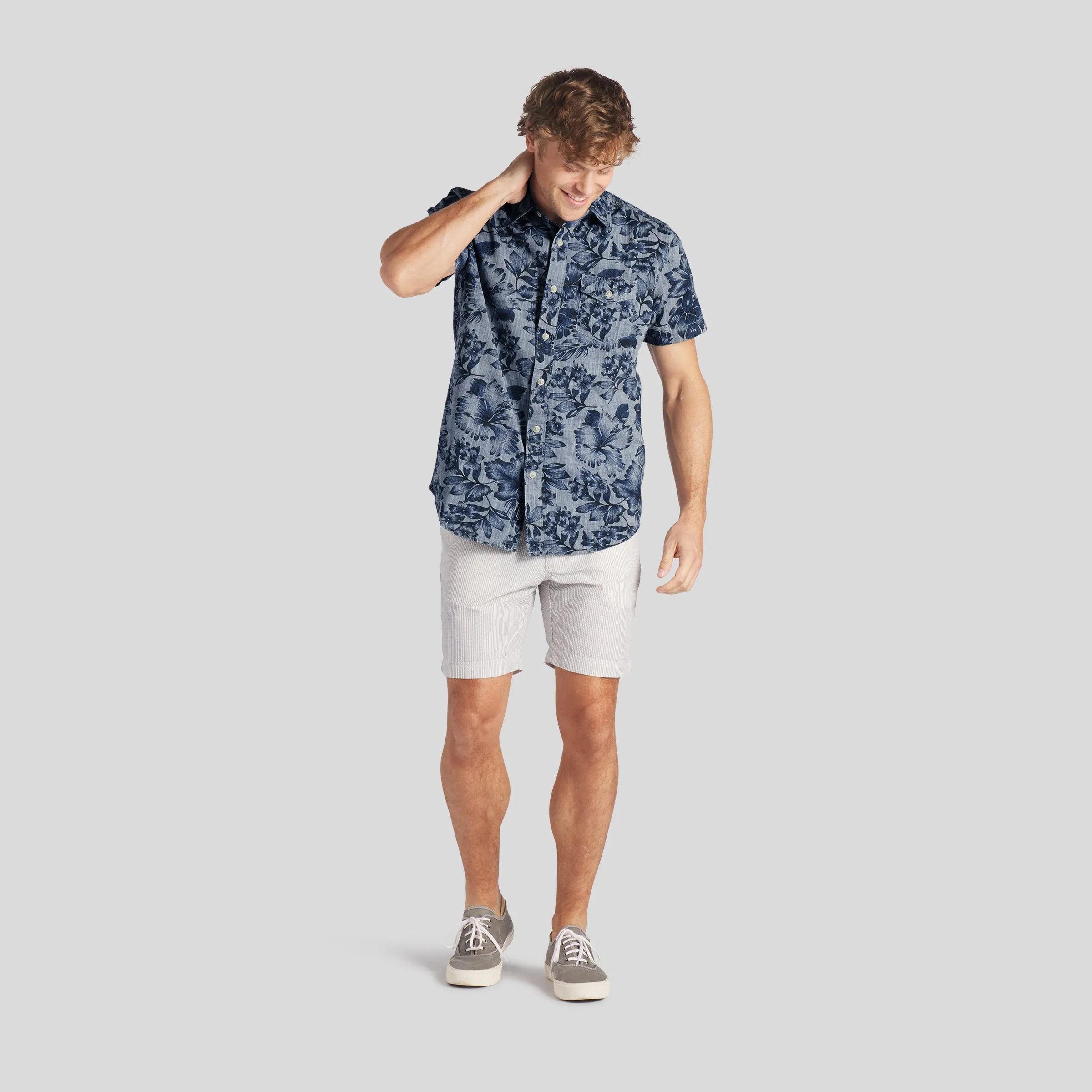 Blue Chambray Printed Floral Shirt - Dark Blue Floral