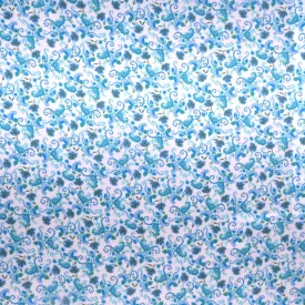 Blue Floral and Paisleys on White Background Printed Silk Charmeuse Fabric