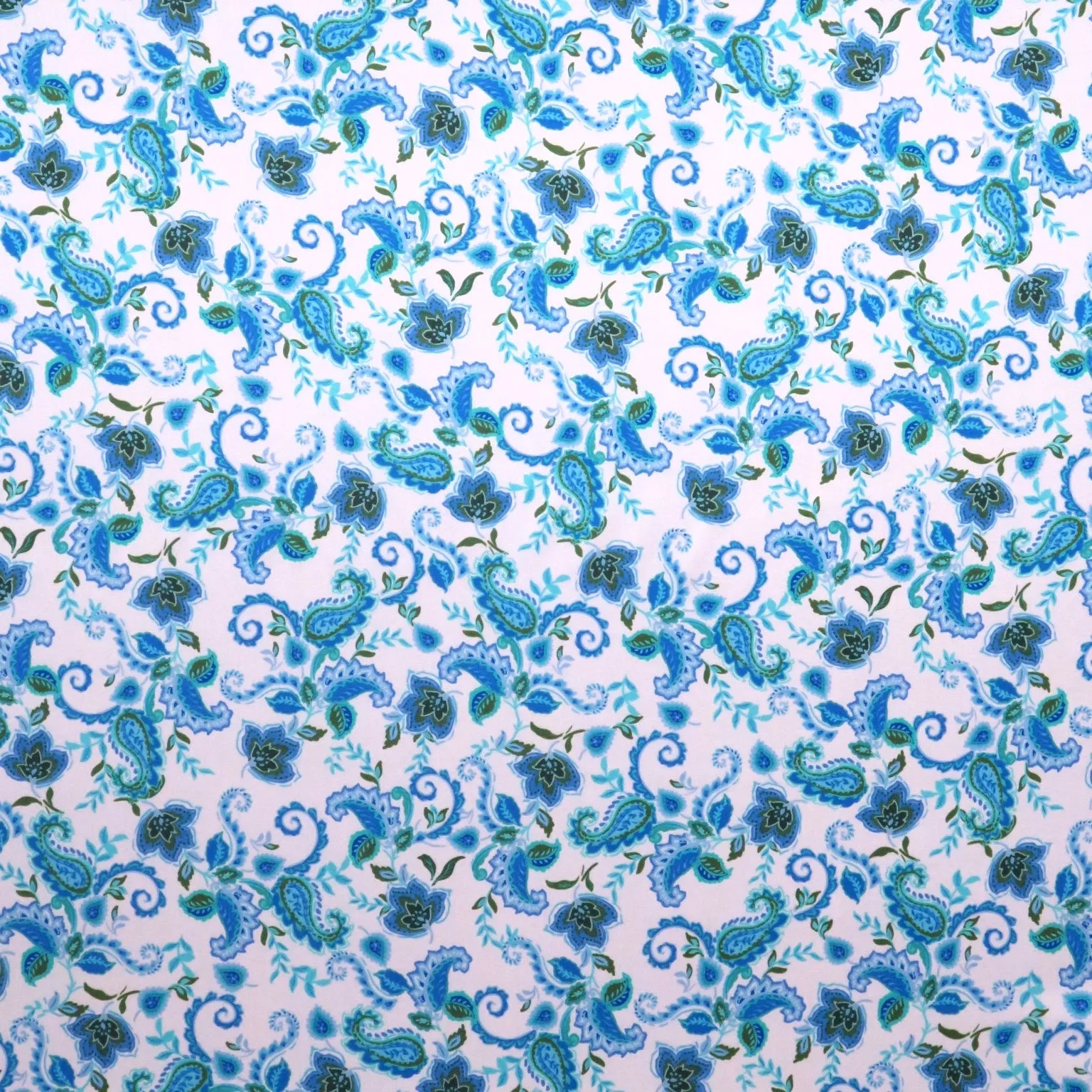 Blue Floral and Paisleys on White Background Printed Silk Charmeuse Fabric