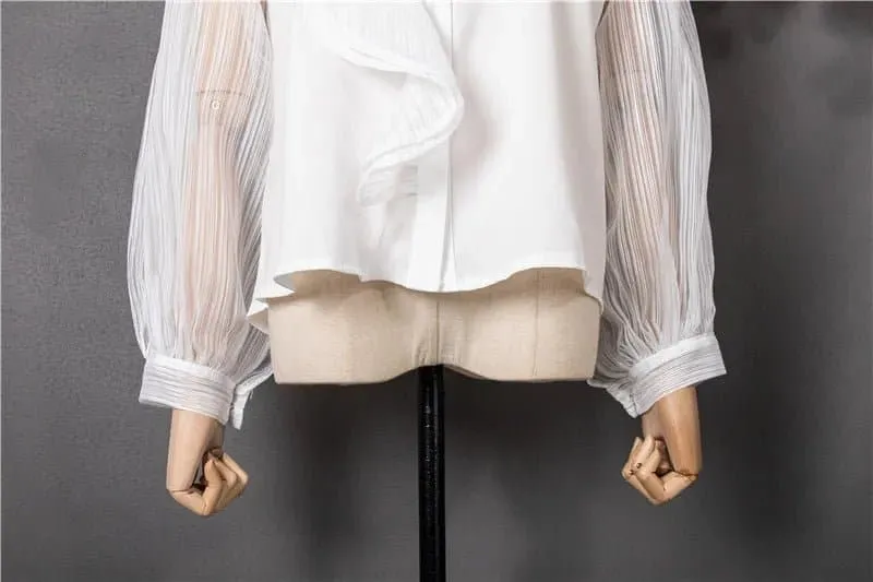 Chic Transparent Blouse with Ruffle Decoration & Puff Sleeves