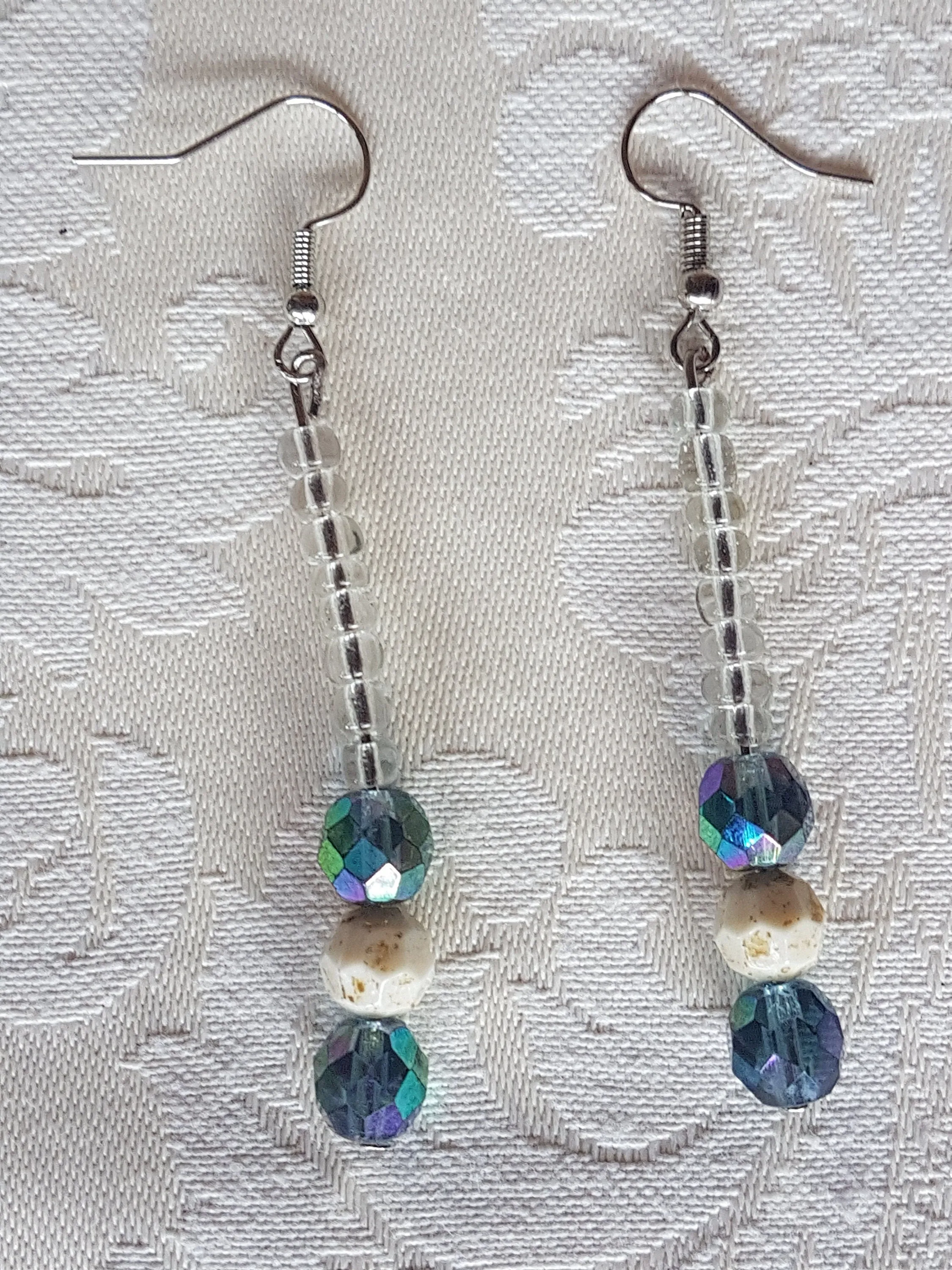 Clear Ivory Blue Bead Silver Earrings