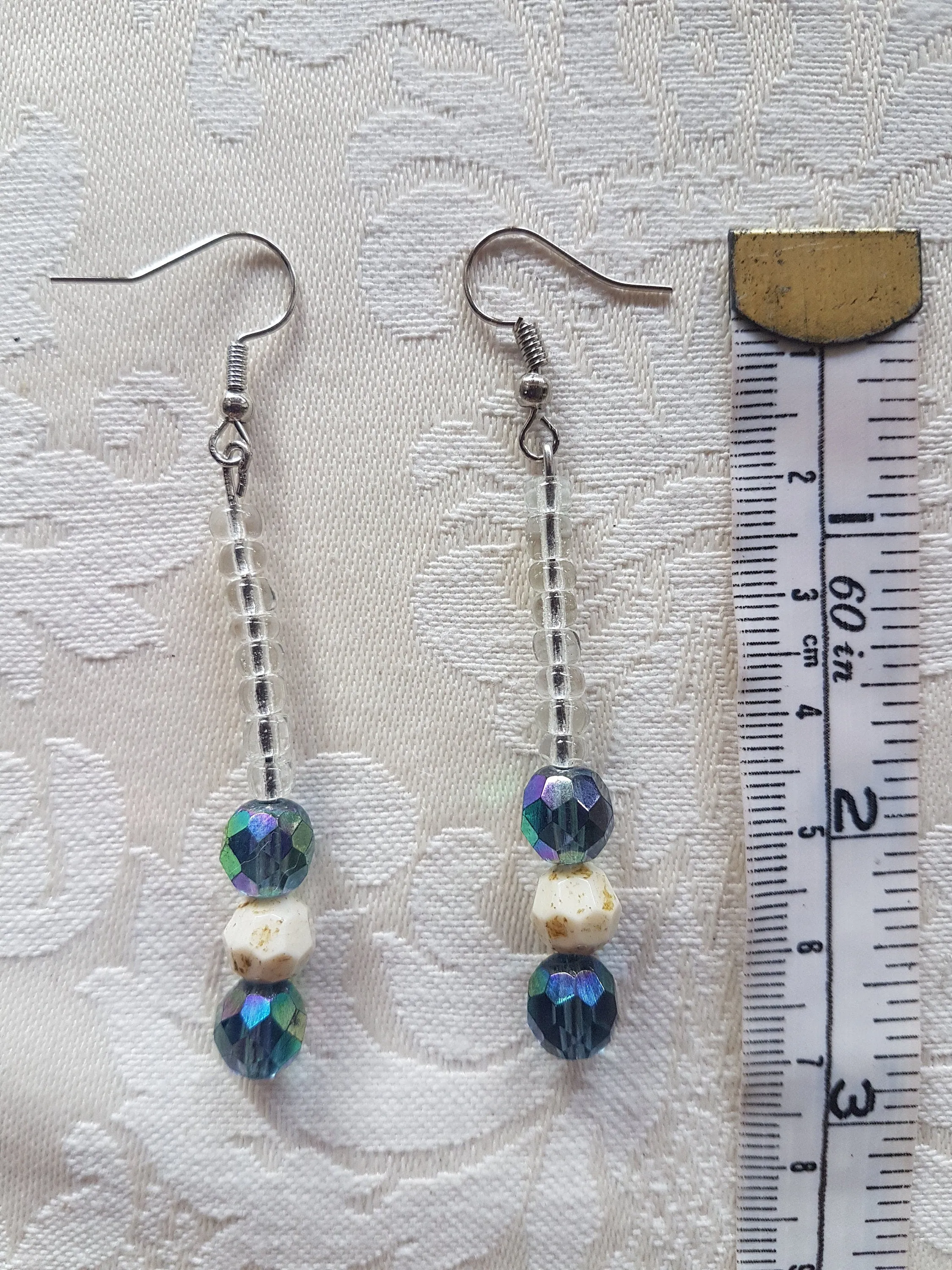 Clear Ivory Blue Bead Silver Earrings