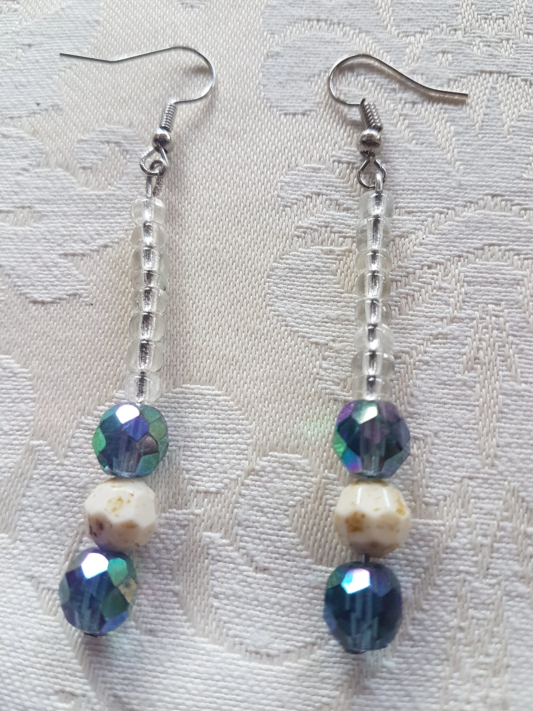 Clear Ivory Blue Bead Silver Earrings