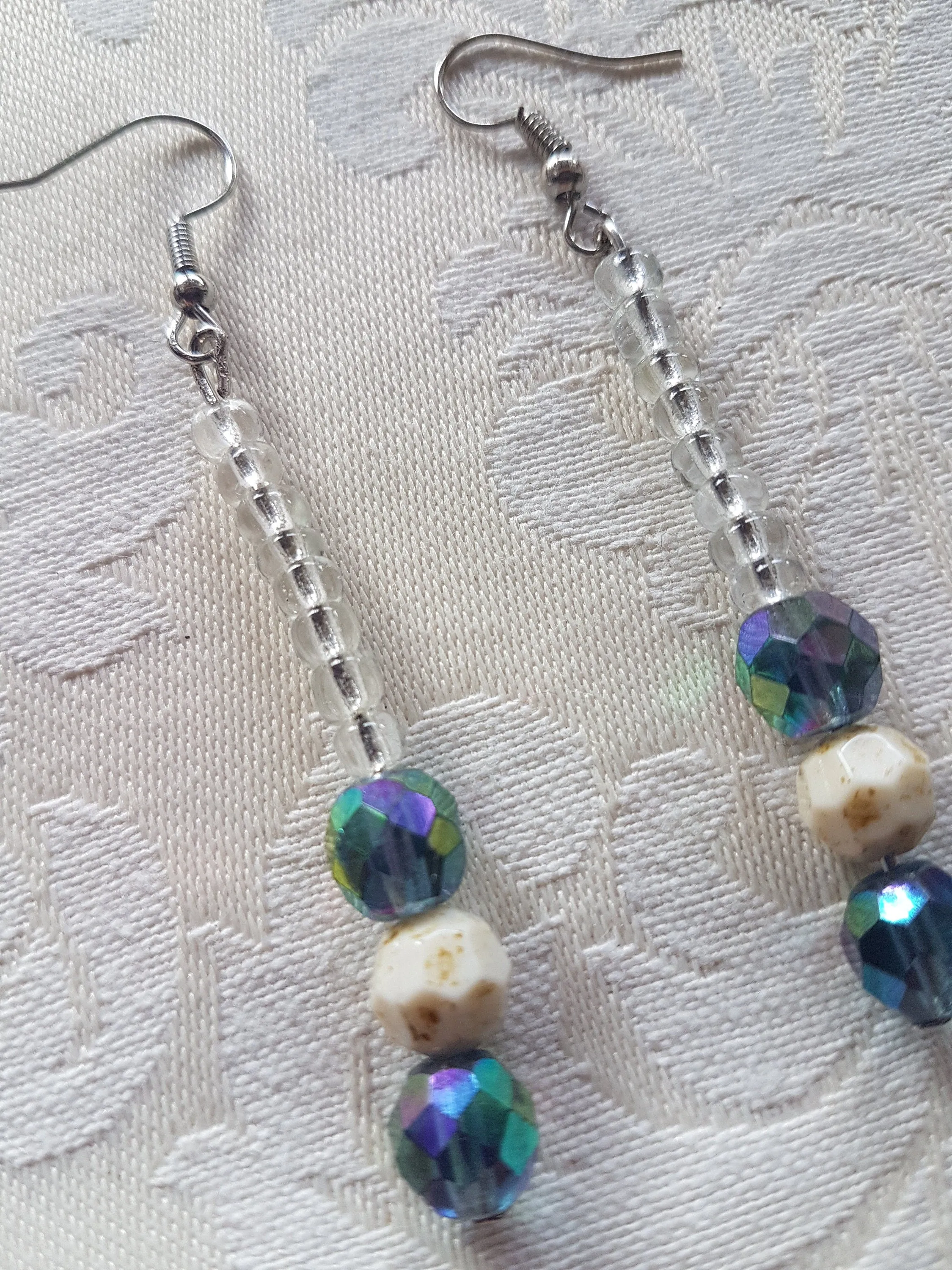 Clear Ivory Blue Bead Silver Earrings