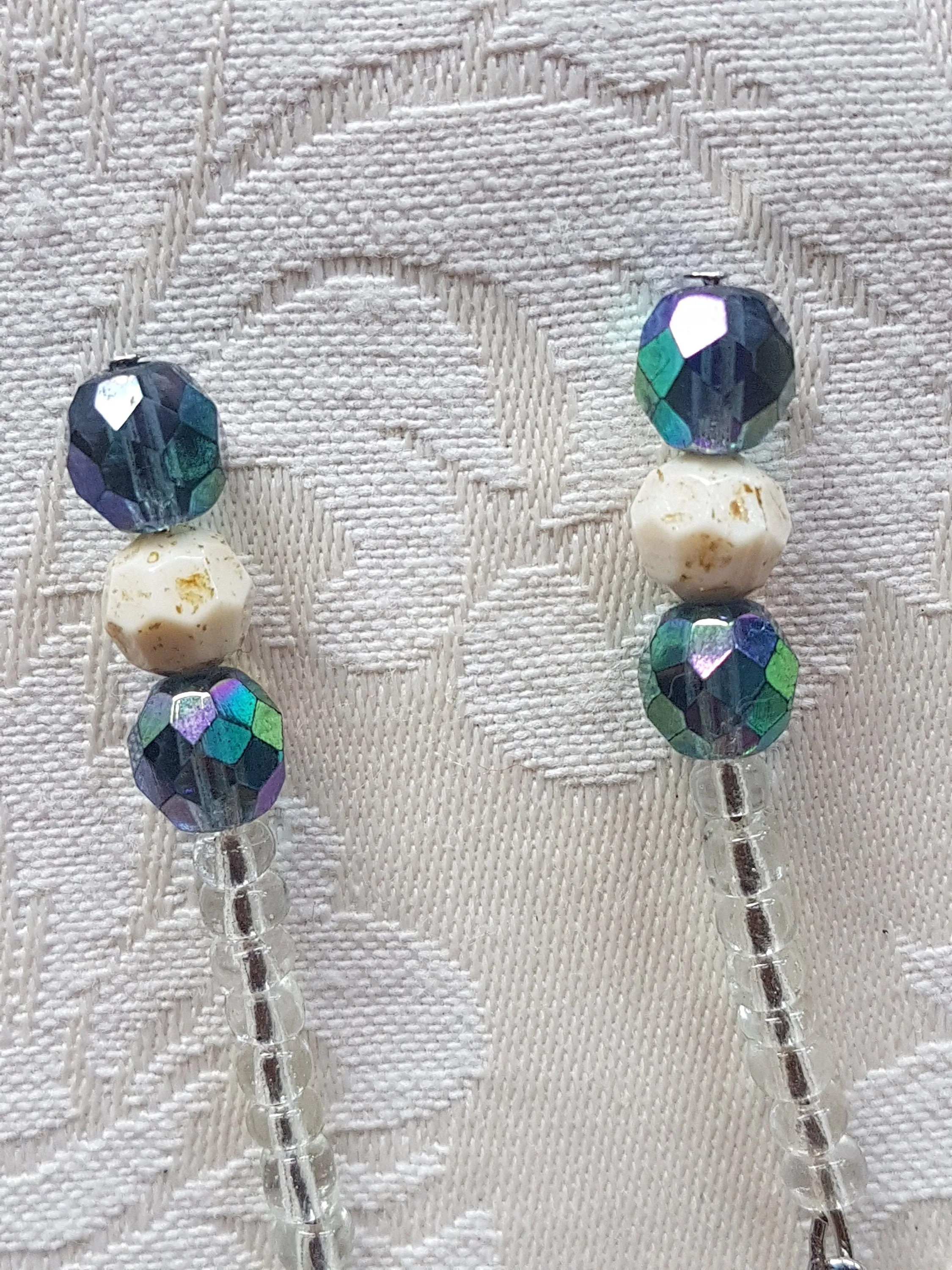 Clear Ivory Blue Bead Silver Earrings