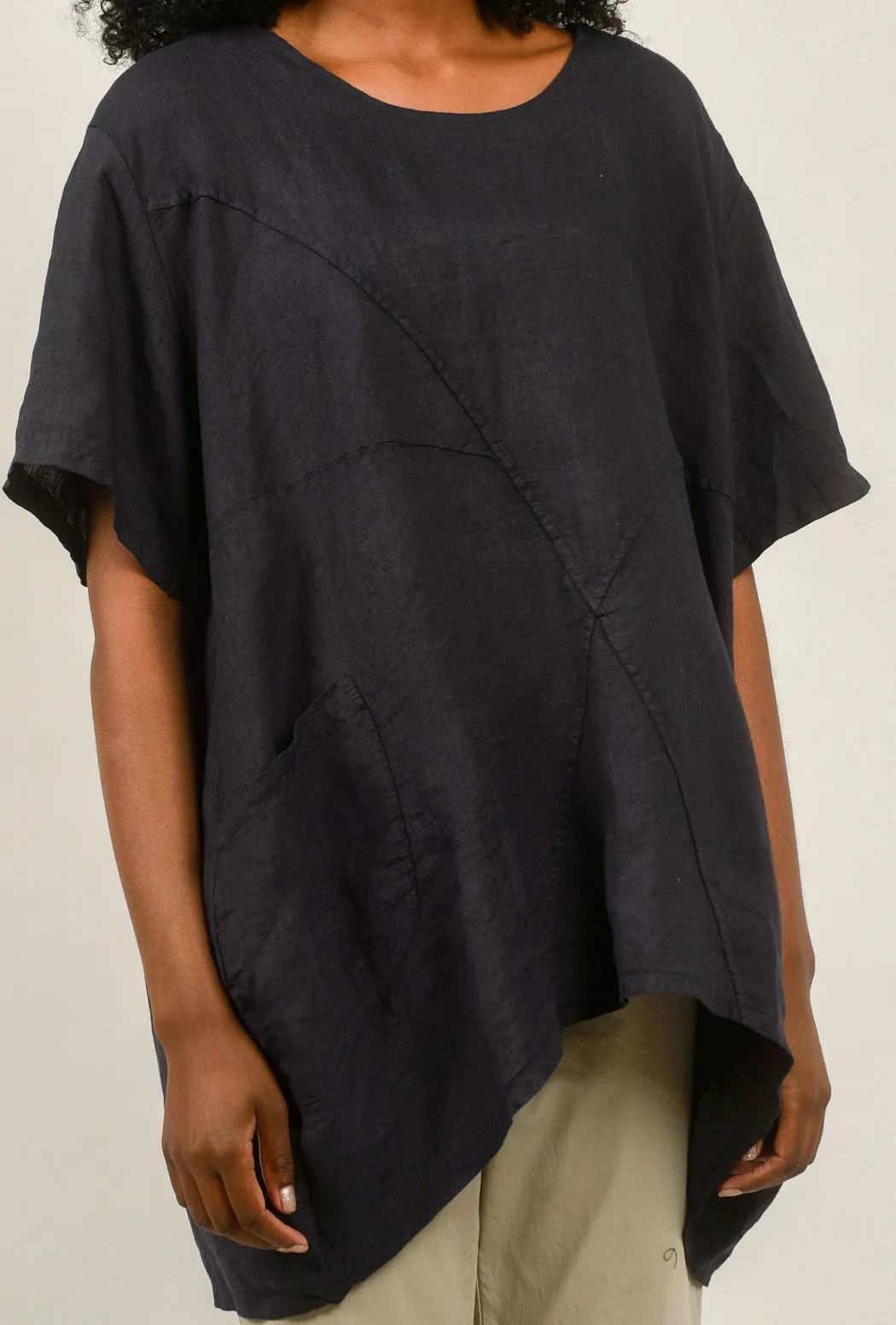 Crossover Seam Linen Top, Navy