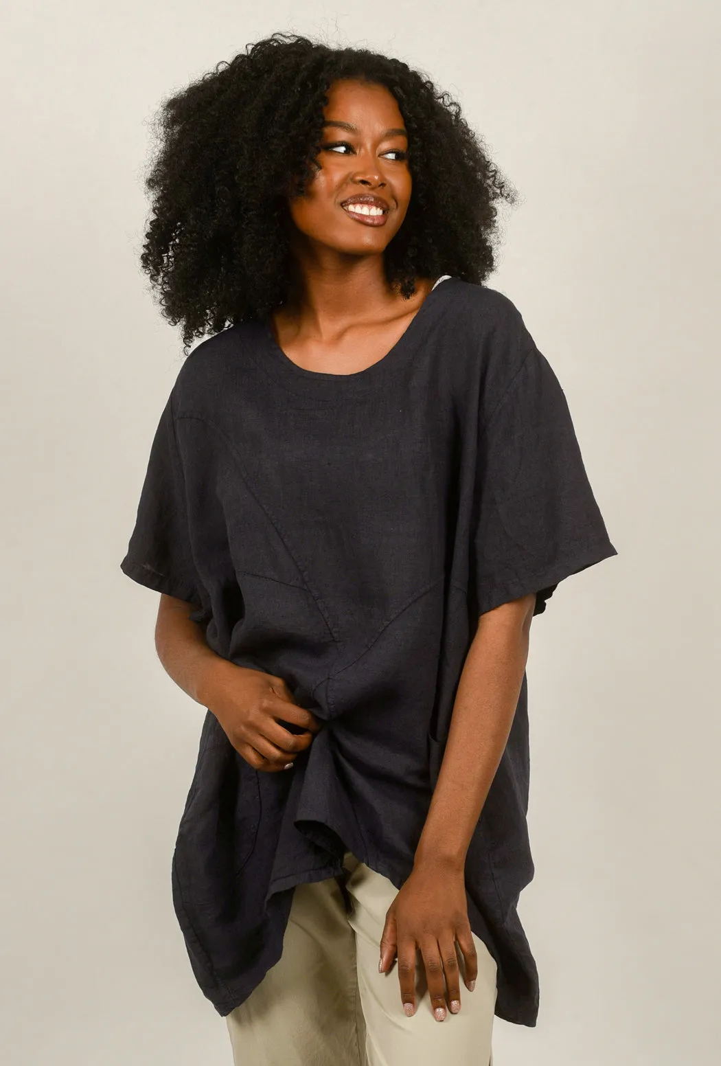 Crossover Seam Linen Top, Navy