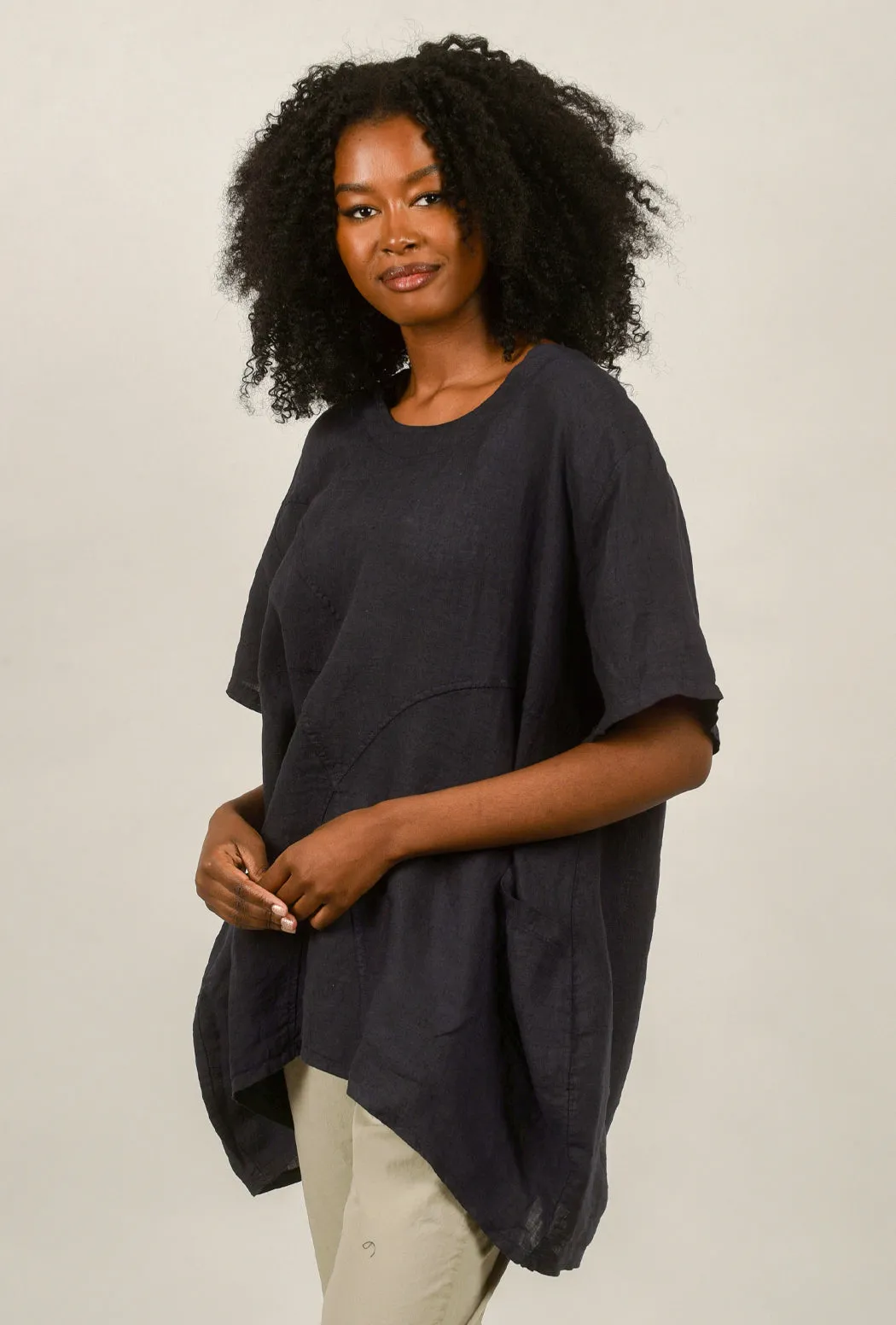 Crossover Seam Linen Top, Navy