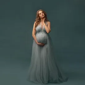 Elegant Light Blue Tulle 3D Flowers Maternity Photography Baby Shower Dresses