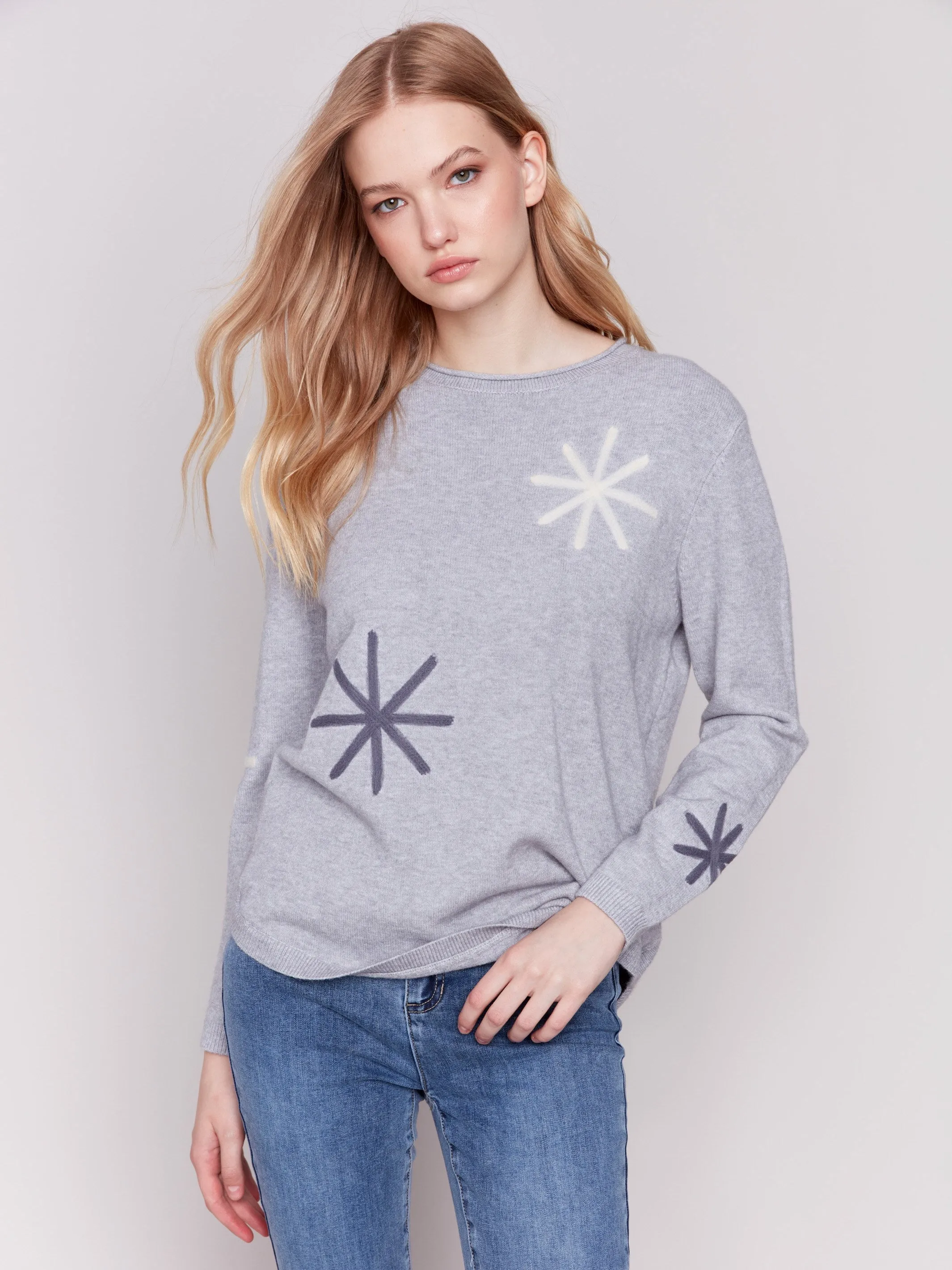 Embroidered Snowflake Sweater - Light Grey