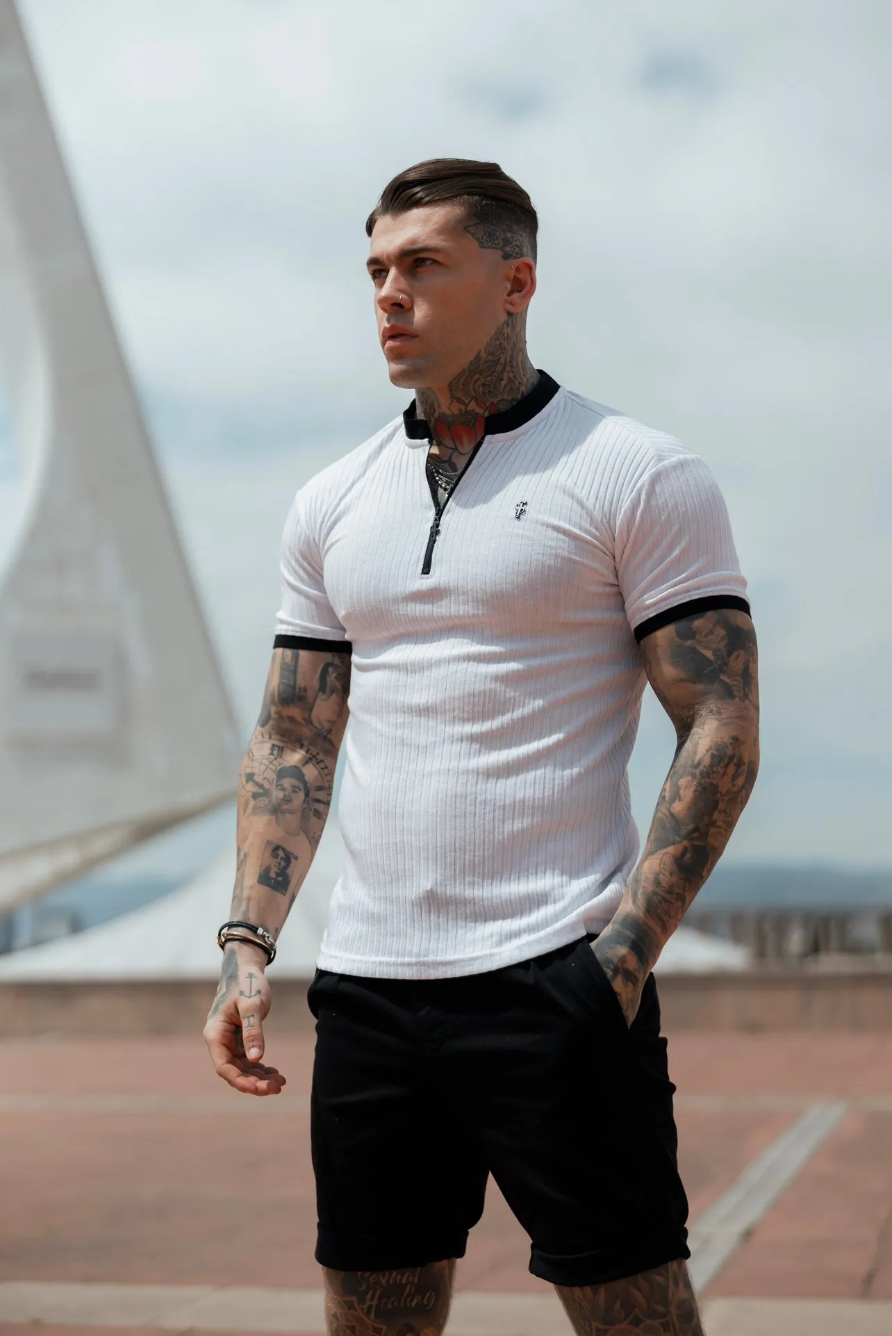 Father Sons Classic White / Black Ribbed Zip Grandad Collar Shirt Short Sleeve - FSH815