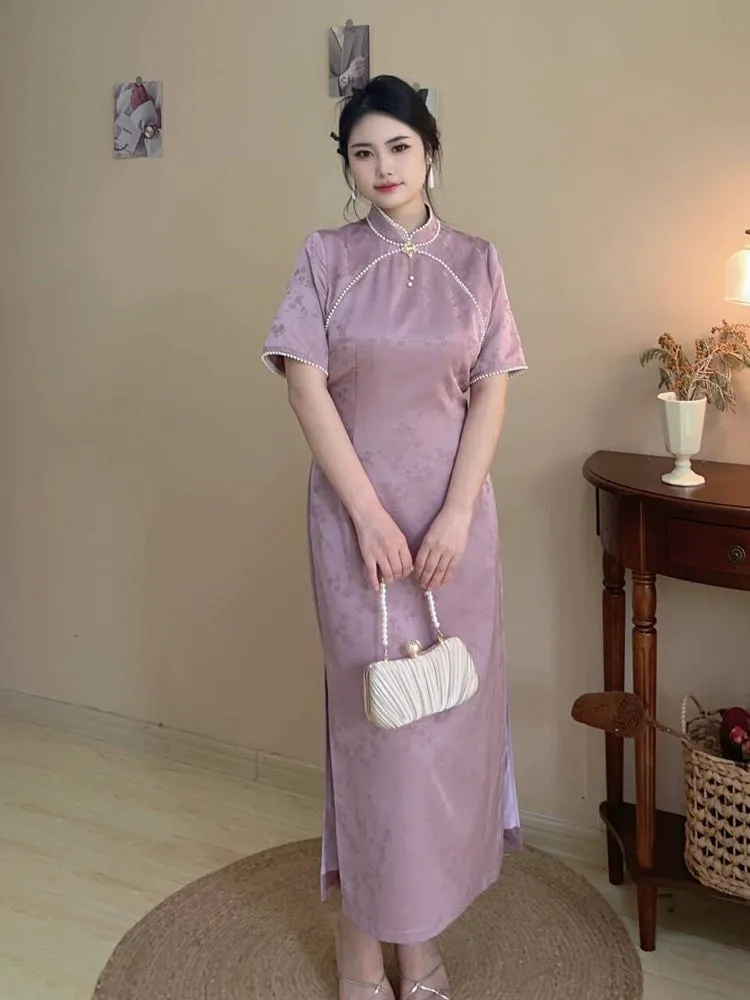 Meng Sheng Yan 梦生烟 Hazy Daydreams Vintage Inspired Plus Size Pearl Satin Qipao