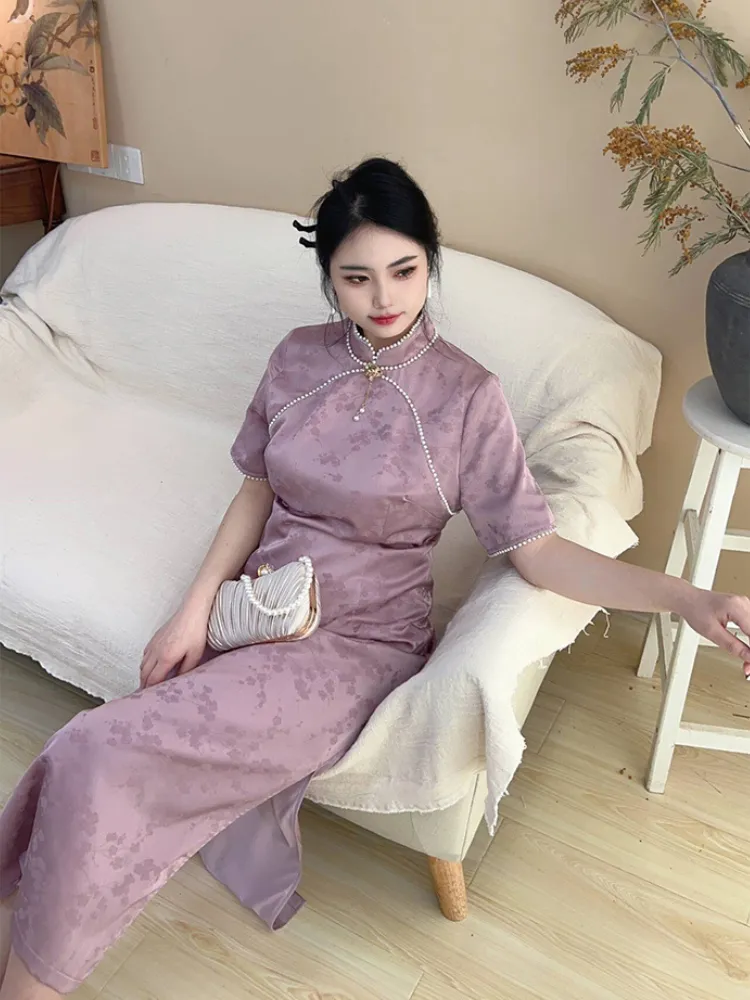 Meng Sheng Yan 梦生烟 Hazy Daydreams Vintage Inspired Plus Size Pearl Satin Qipao