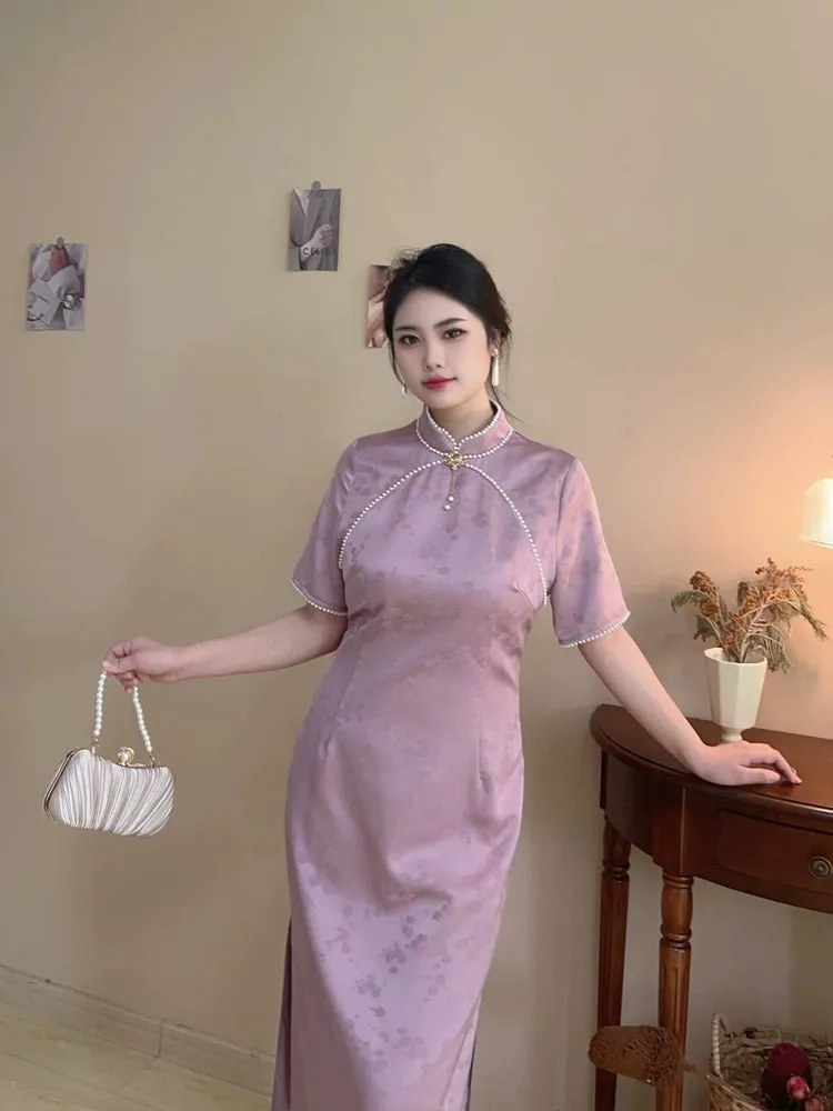 Meng Sheng Yan 梦生烟 Hazy Daydreams Vintage Inspired Plus Size Pearl Satin Qipao