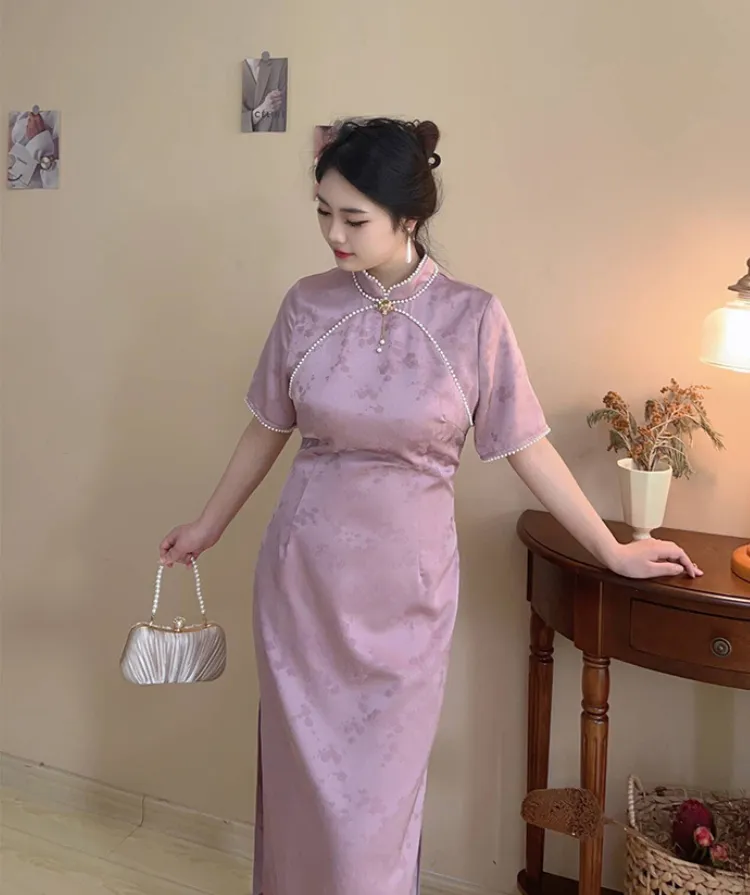 Meng Sheng Yan 梦生烟 Hazy Daydreams Vintage Inspired Plus Size Pearl Satin Qipao