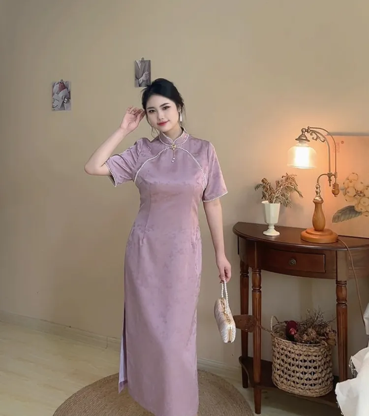 Meng Sheng Yan 梦生烟 Hazy Daydreams Vintage Inspired Plus Size Pearl Satin Qipao