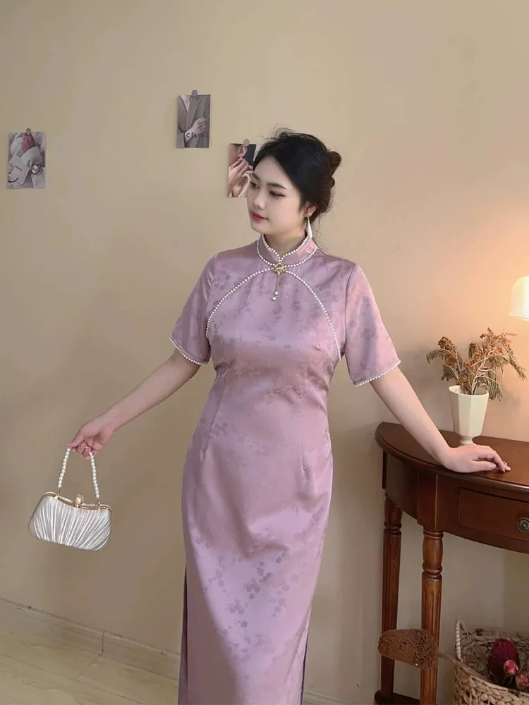 Meng Sheng Yan 梦生烟 Hazy Daydreams Vintage Inspired Plus Size Pearl Satin Qipao