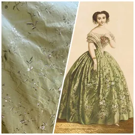 NEW Queen Amaranth Designer 100% Silk Taffeta in Green with Champagne Floral Embroidery