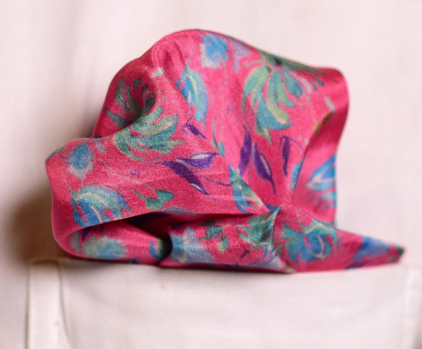 Pink And Aqua Floral Printed Pure Silk Pocket Square.