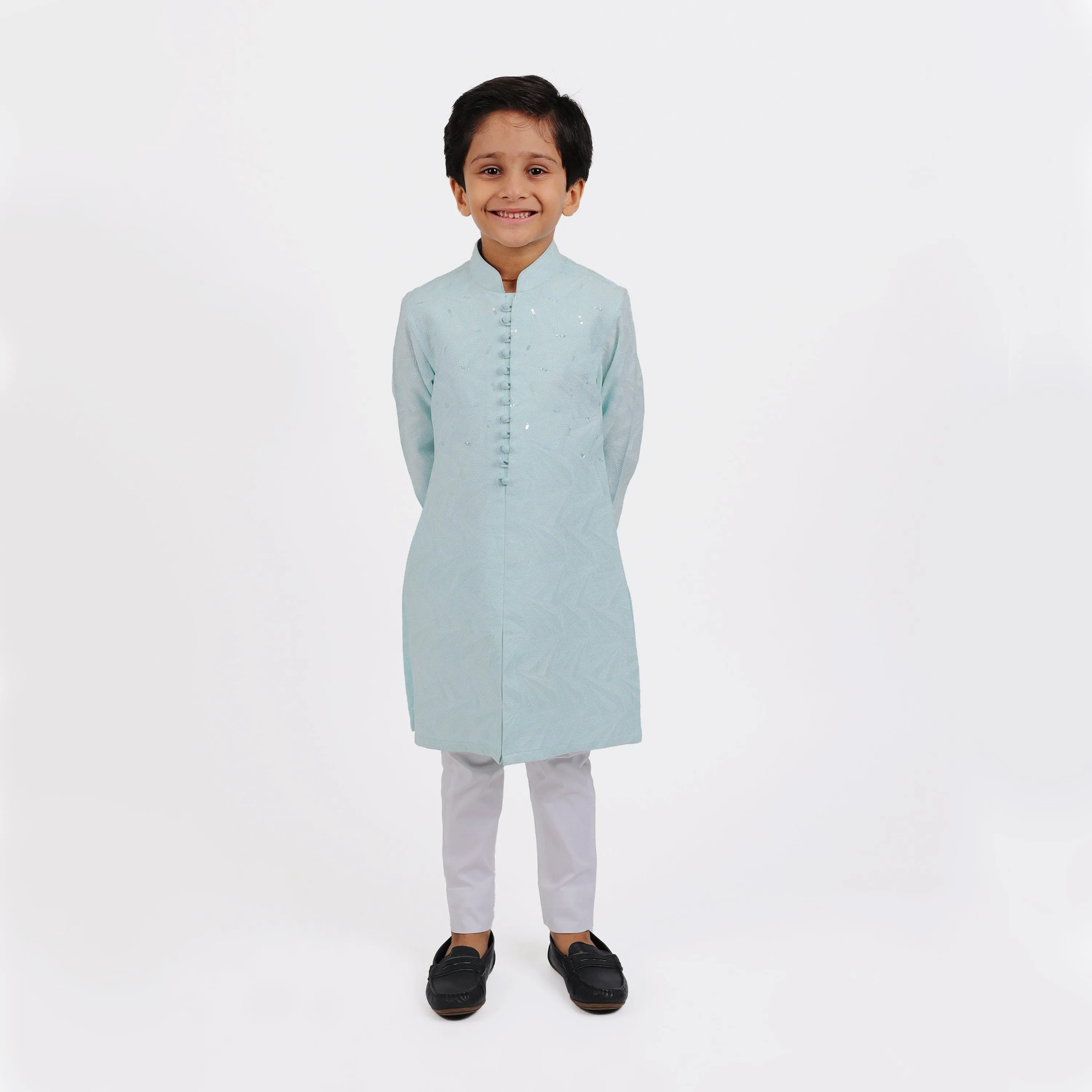 Pre-Order : POWDER BLUE KURTA WITH WHITE PAJAMA  for Boys