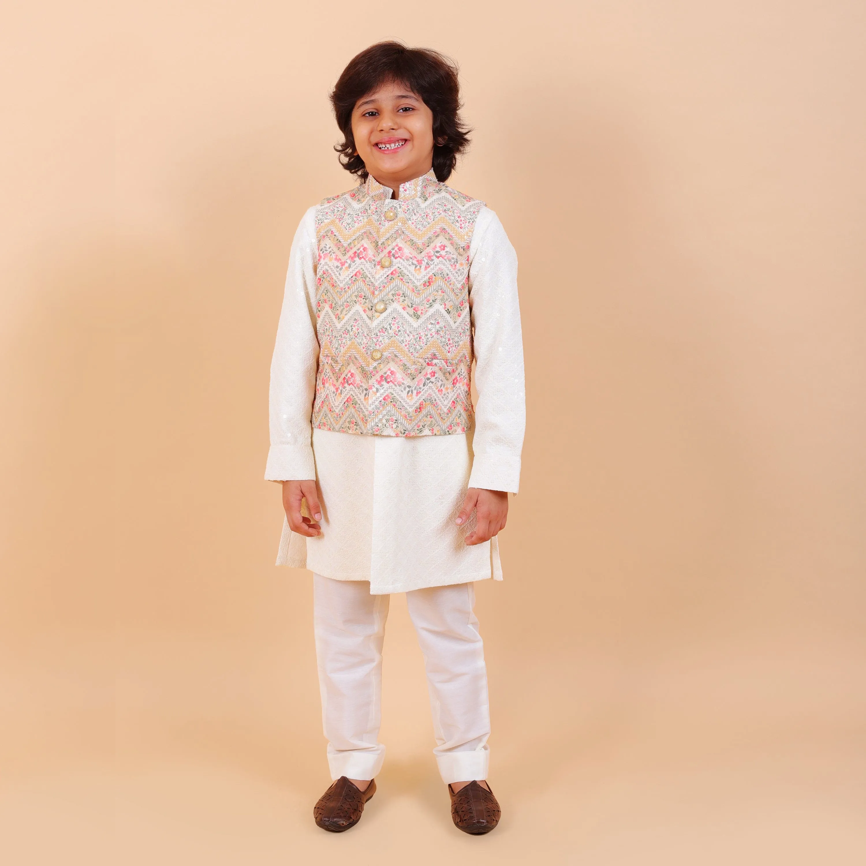 Pre-Order : YELLOW BANDI SET WITH OFF WHITE CHIKANKARI KURTA  for Boys