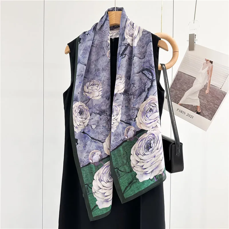 Purple Floral Oil Textured Print Silk Scarf, Luxurious 100% Double Crepe Silk Scarf - Perfect Gift for Her