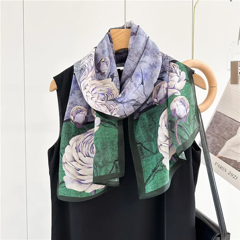 Purple Floral Oil Textured Print Silk Scarf, Luxurious 100% Double Crepe Silk Scarf - Perfect Gift for Her