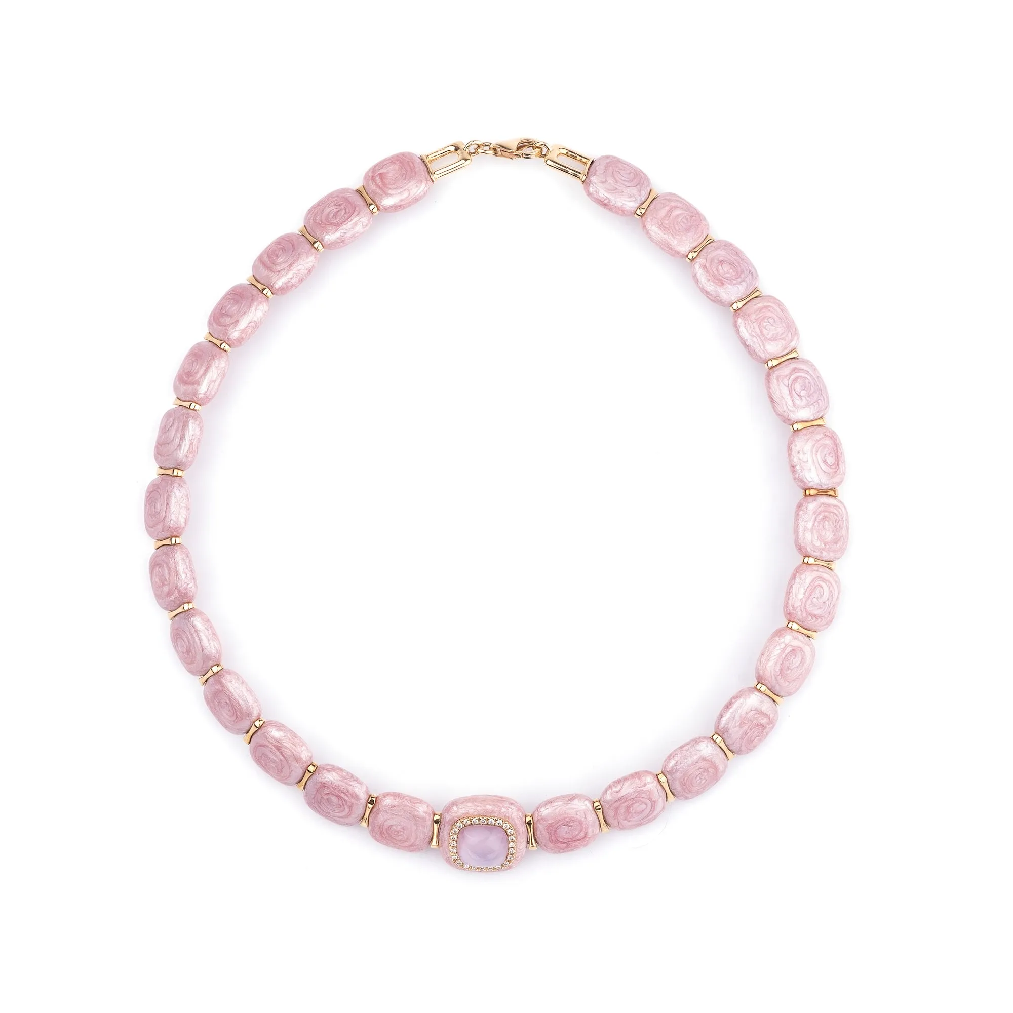 Rose pink enamel 18k yellow gold diamond choker necklace