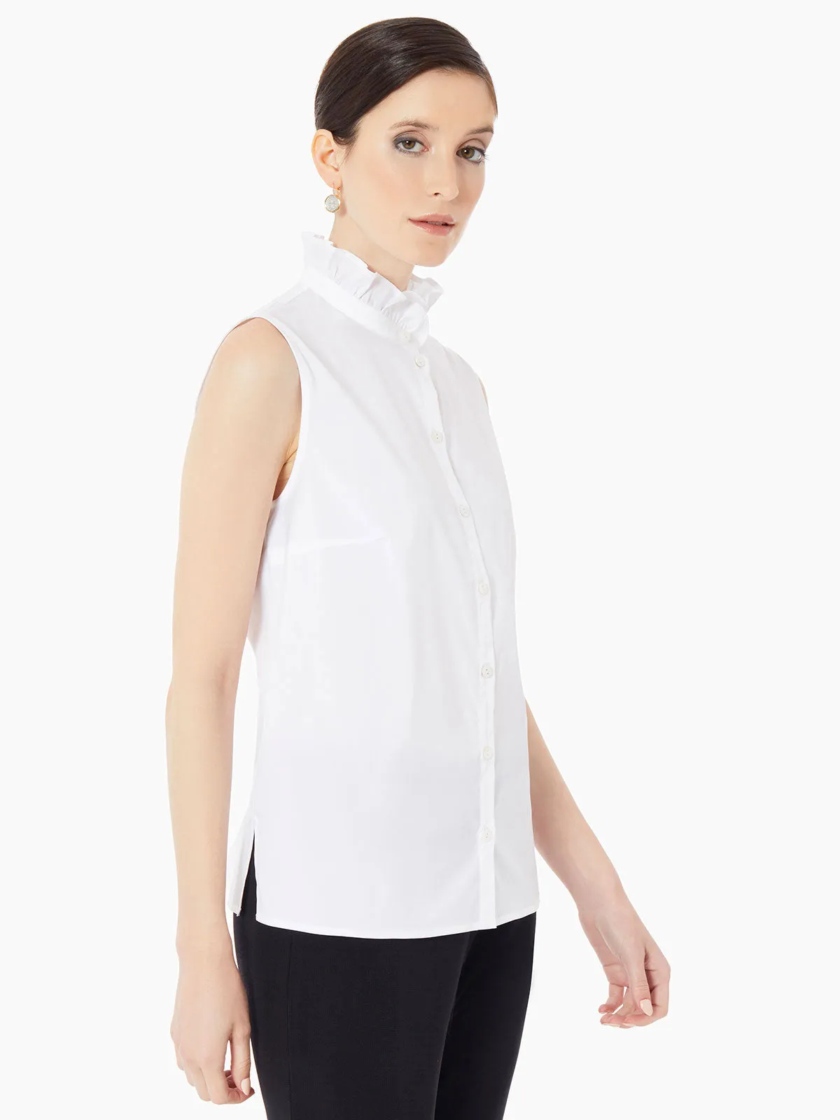 Ruffle Neck Stretch Cotton Blouse