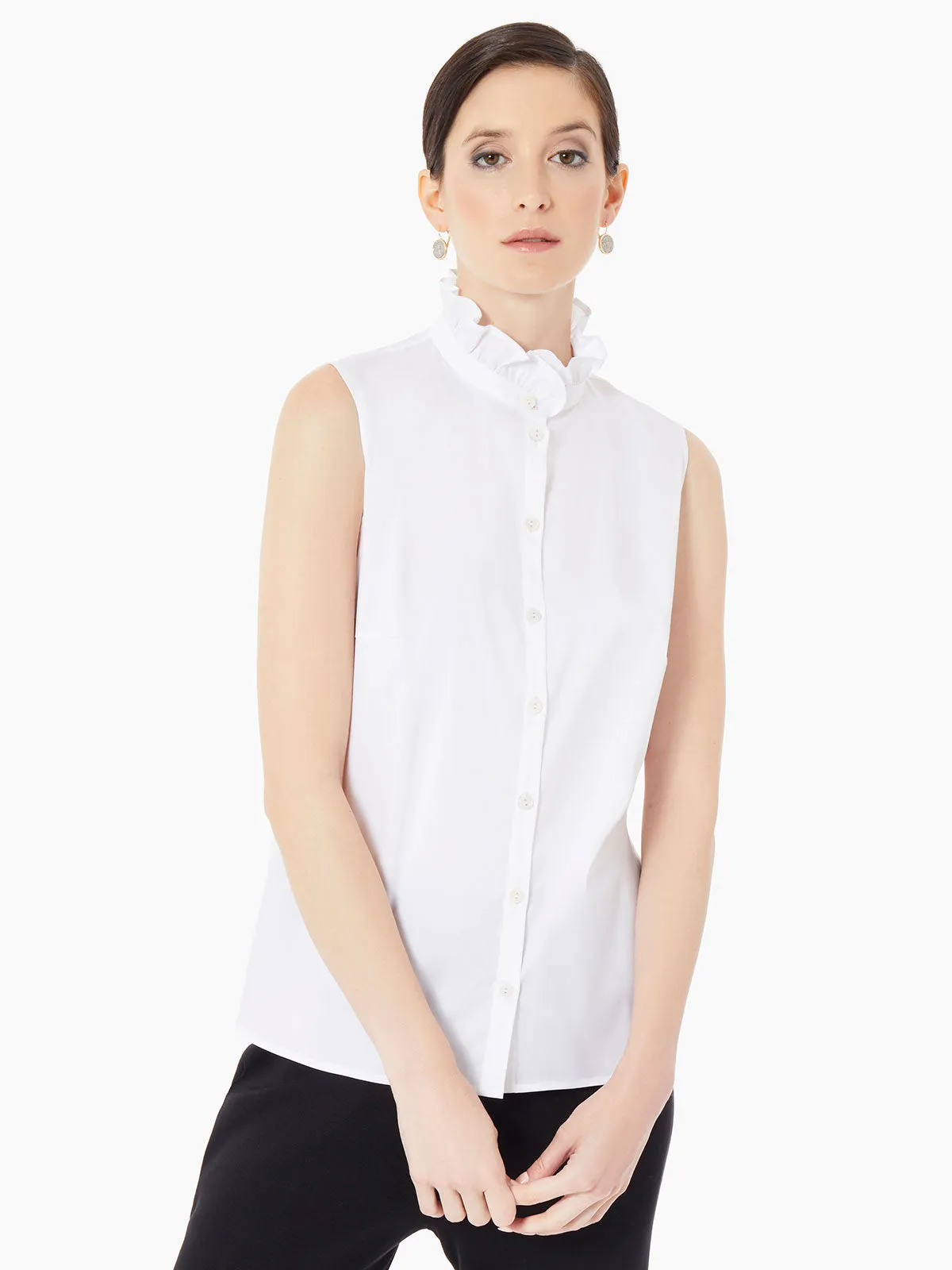 Ruffle Neck Stretch Cotton Blouse