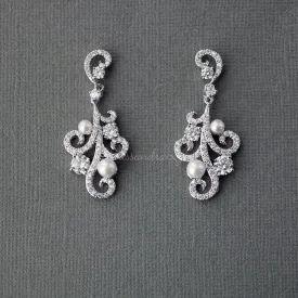 Sterling Silver Pearl CZ Earrings with a Swirl Design