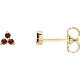 Three Stone Mozambique Garnet Birthstone Stud Earrings in 14k Gold