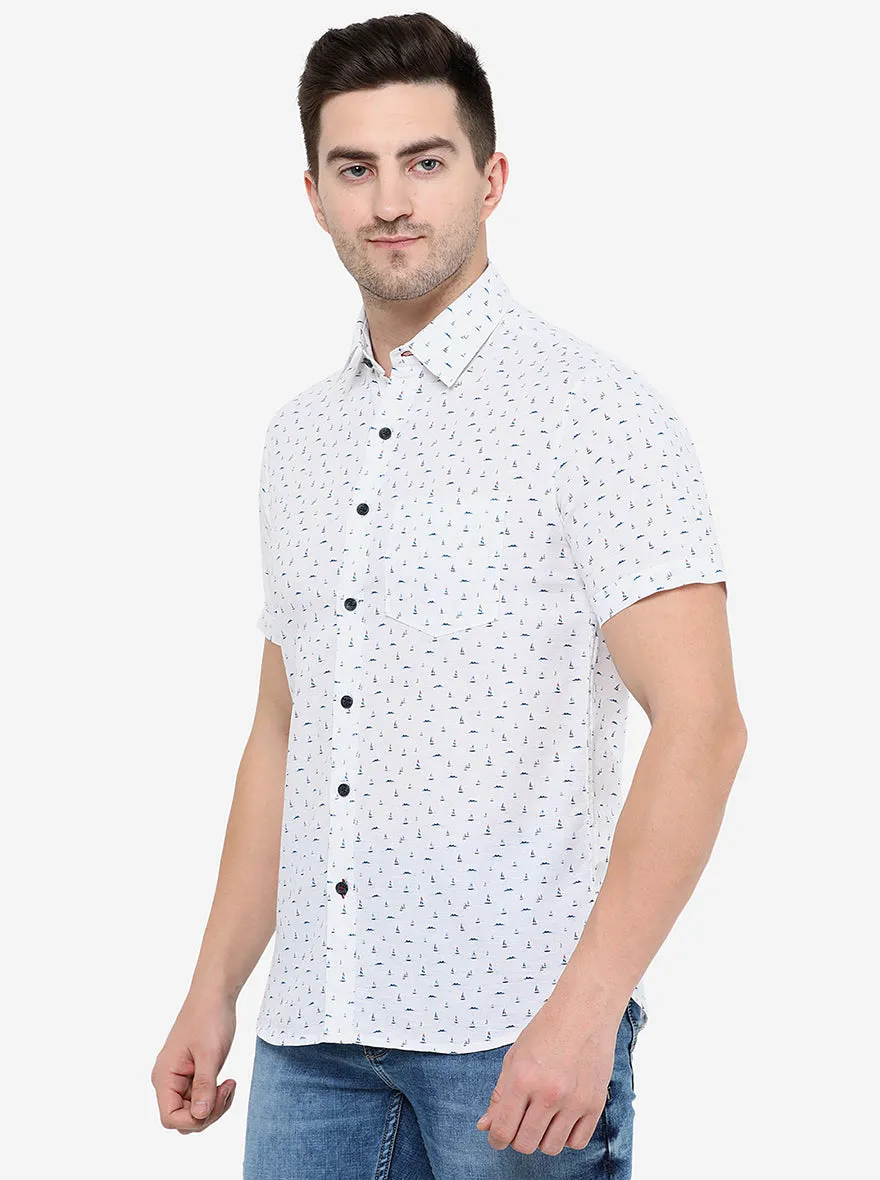 White & Blue Printed Slim Fit Semi Casual Shirt | Greenfibre