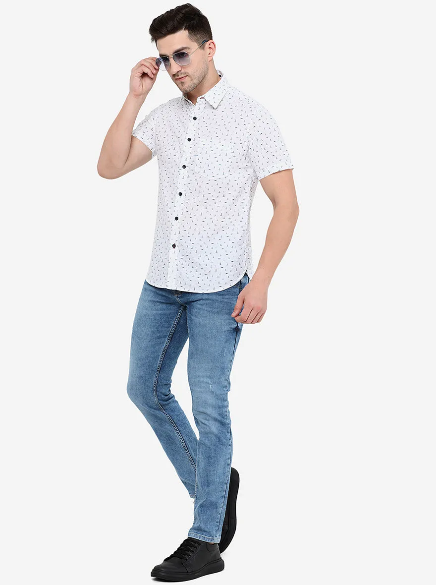 White & Blue Printed Slim Fit Semi Casual Shirt | Greenfibre