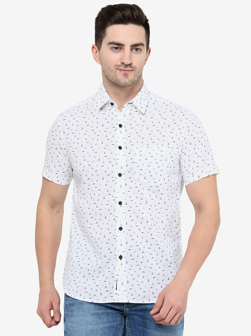 White & Blue Printed Slim Fit Semi Casual Shirt | Greenfibre