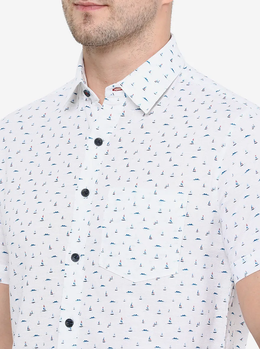 White & Blue Printed Slim Fit Semi Casual Shirt | Greenfibre