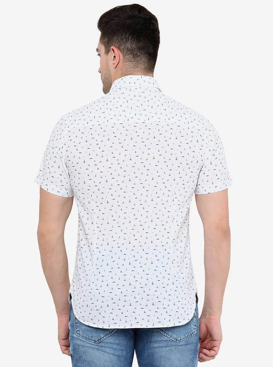 White & Blue Printed Slim Fit Semi Casual Shirt | Greenfibre