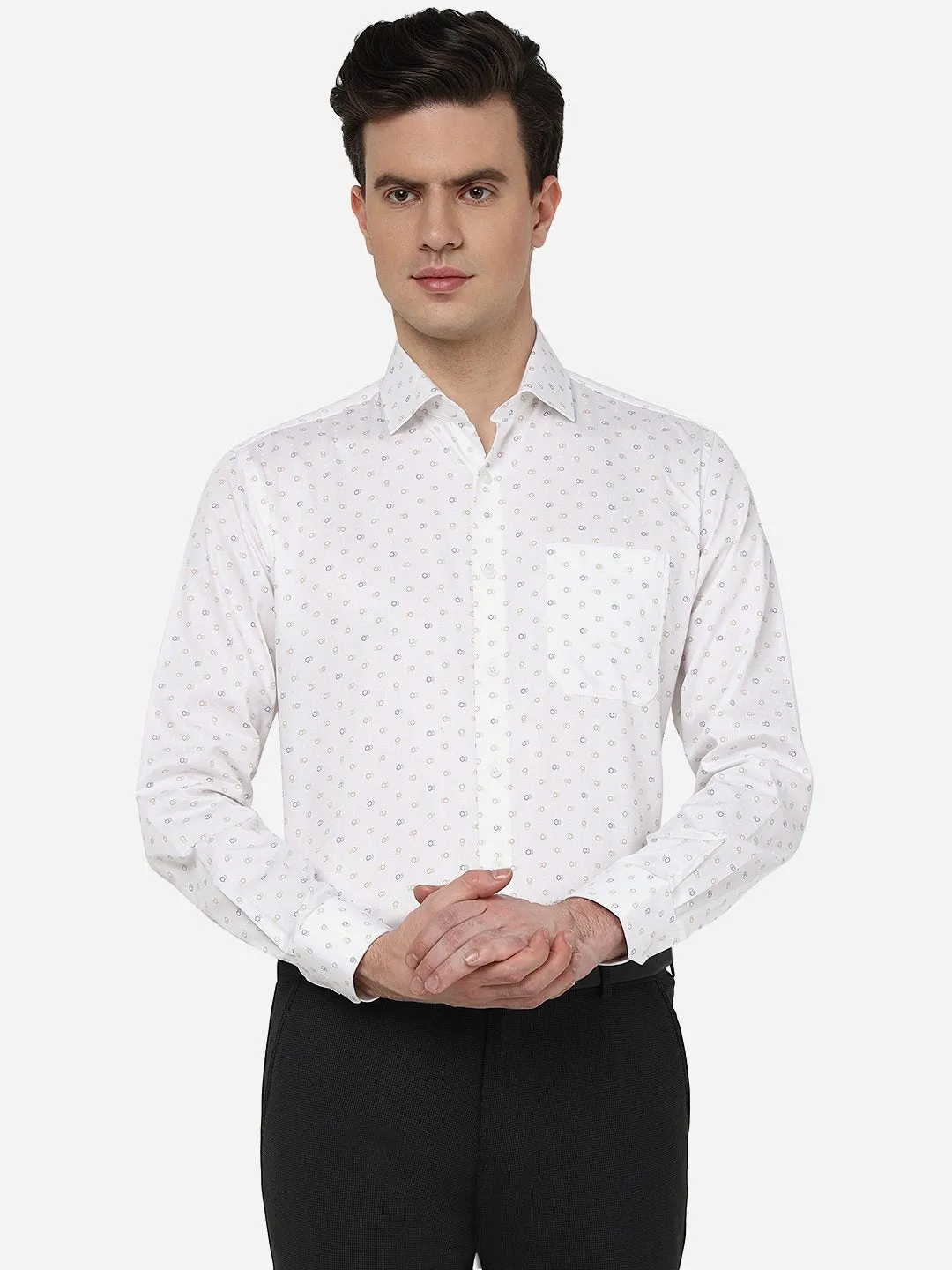 White Multi Printed Regular Fit Formal Shirt | JadeBlue