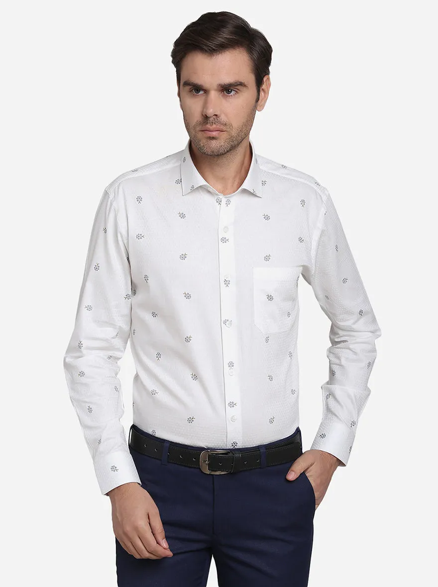 White Printed Slim Fit Formal Shirt | Metal