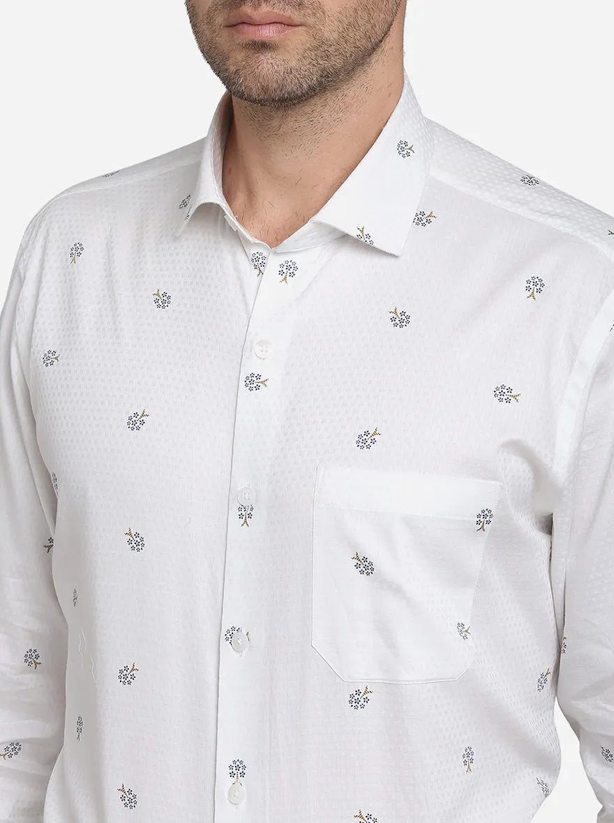 White Printed Slim Fit Formal Shirt | Metal